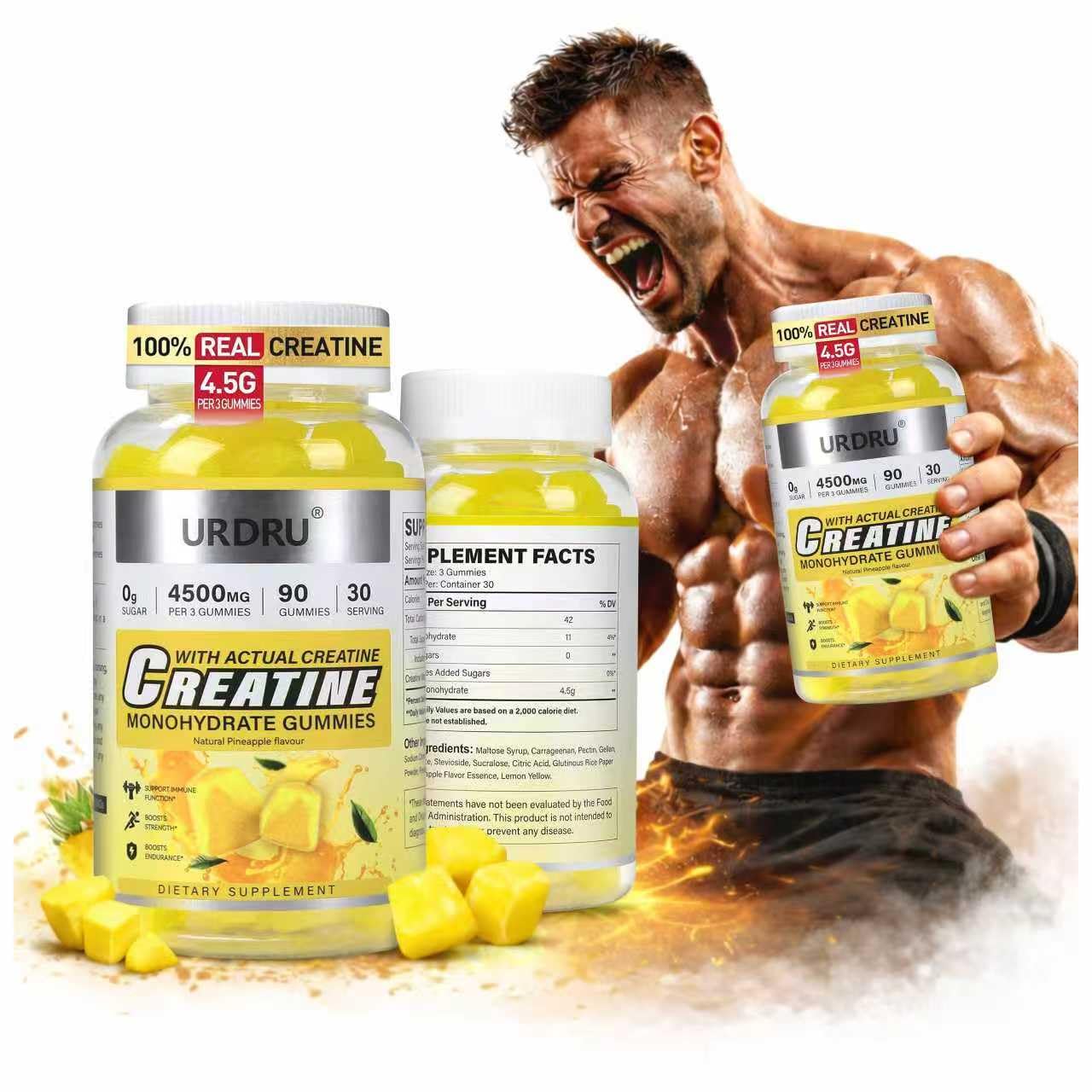 URDRU Sugar-Free Creatine Monohydrate Gummies 4.5g, 90 Gummies