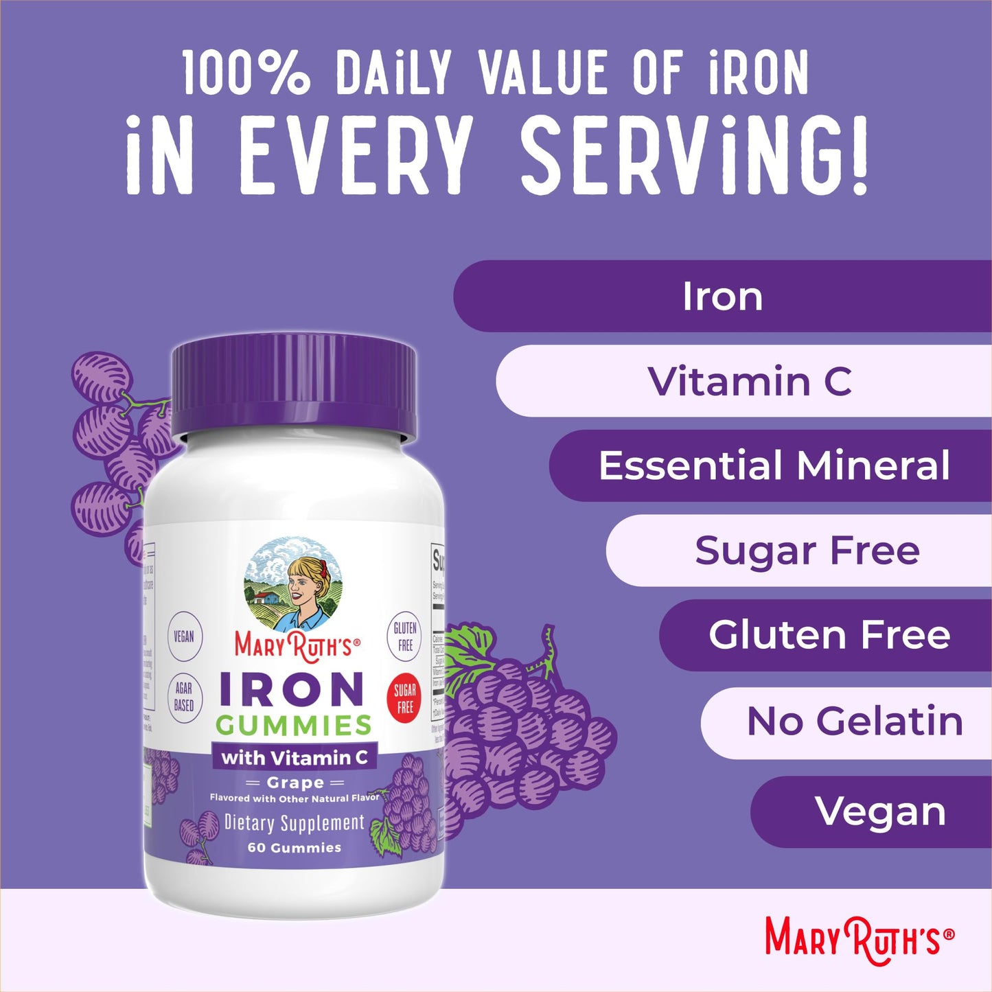 MaryRuth Organics Iron Gummies for 14+ with Vitamin C for Absorption | Sugar Free | Gummy Iron Supplement + VIT C | Energy Metabolism | Cellular Health | Immune Support | Vegan | Non-GMO | 60 Count