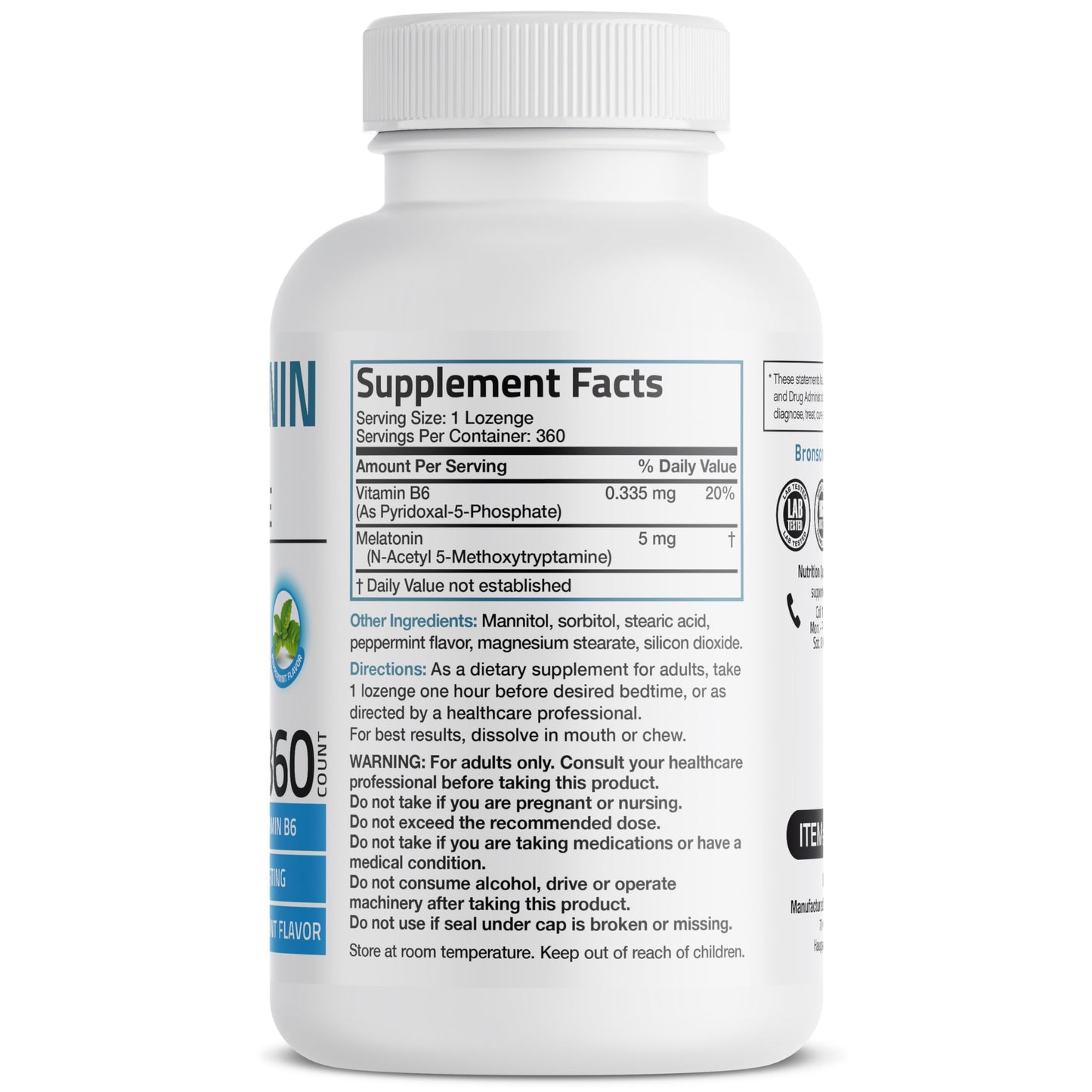 Bronson Melatonin 5mg Fast Dissolve Peppermint Lozenges with Vitamin B6, 360 Count
