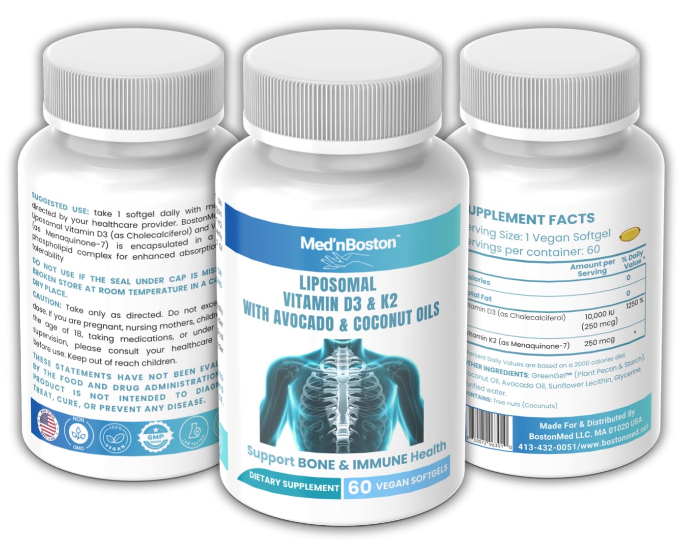 Med'nBoston Liposomal Vitamin D3 10,000 IU & K2 250 mcg Softgels, 60