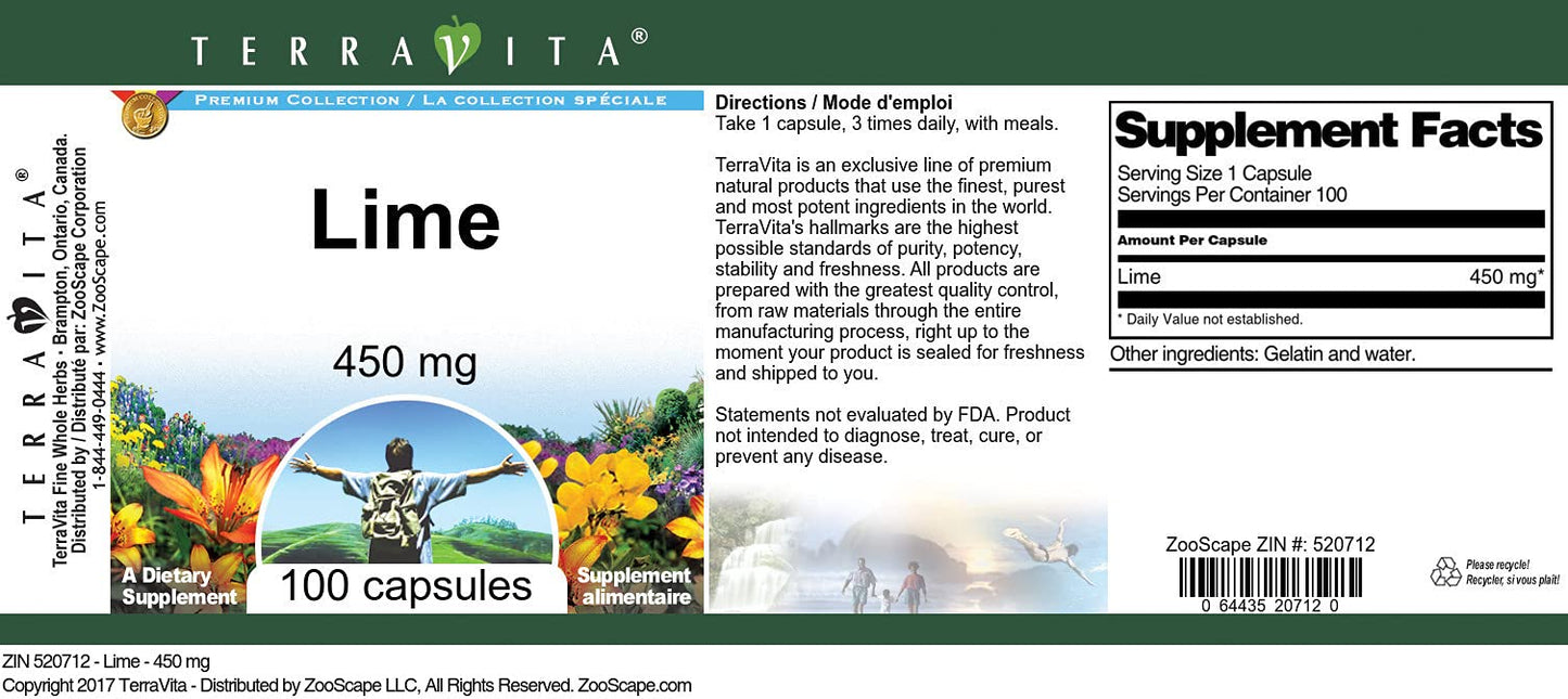 Terravita Lime 450 mg Capsules, 100 Count