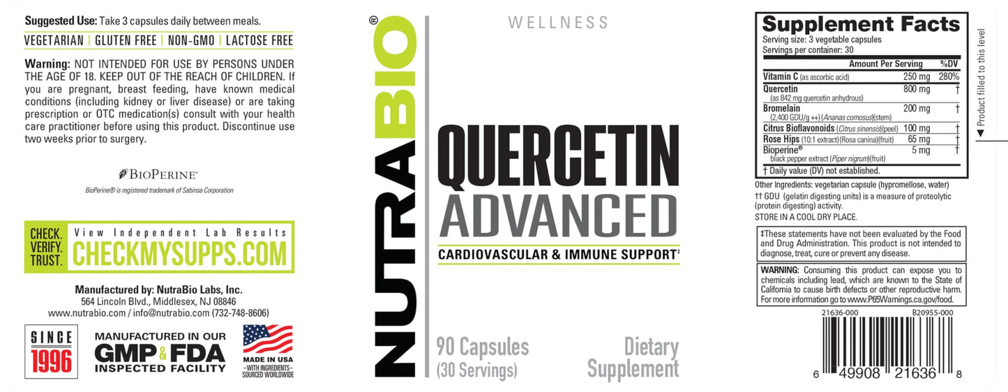NutraBio Quercetin Advanced with Added Vitamin C and Bromelain, 90 Capsules