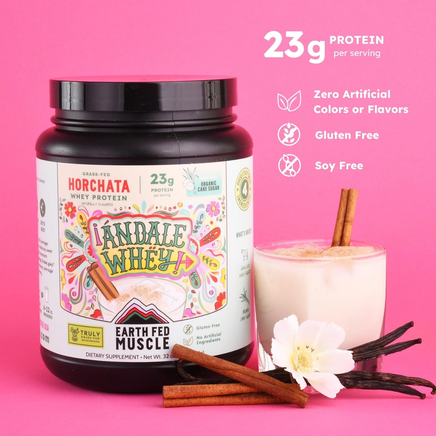 Earth Fed Muscle Grass-Fed Whey Protein Isolate Powder – Horchata Flavor, 32 Servings
