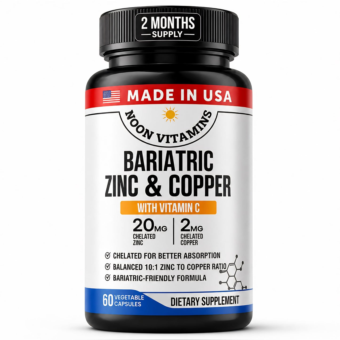 NOON VITAMINS Bariatric Zinc 20mg with Copper 2mg (10:1 Ratio) + Vitamin C – Balanced Bariatric Formula – TRAACS Chelated Zinc Glycinate – Gentle on Stomach, 60 Capsules