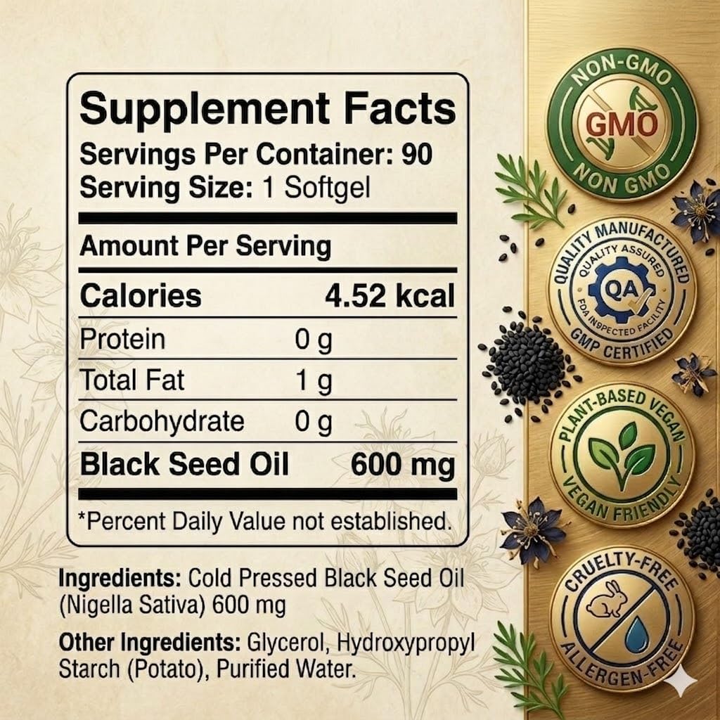Kueysing Purely Nutrient Ethiopian Black Seed Oil Capsule, 90 Softgels, 5% Thymoquinone, Vegan Non-GMO Nigella Sativa