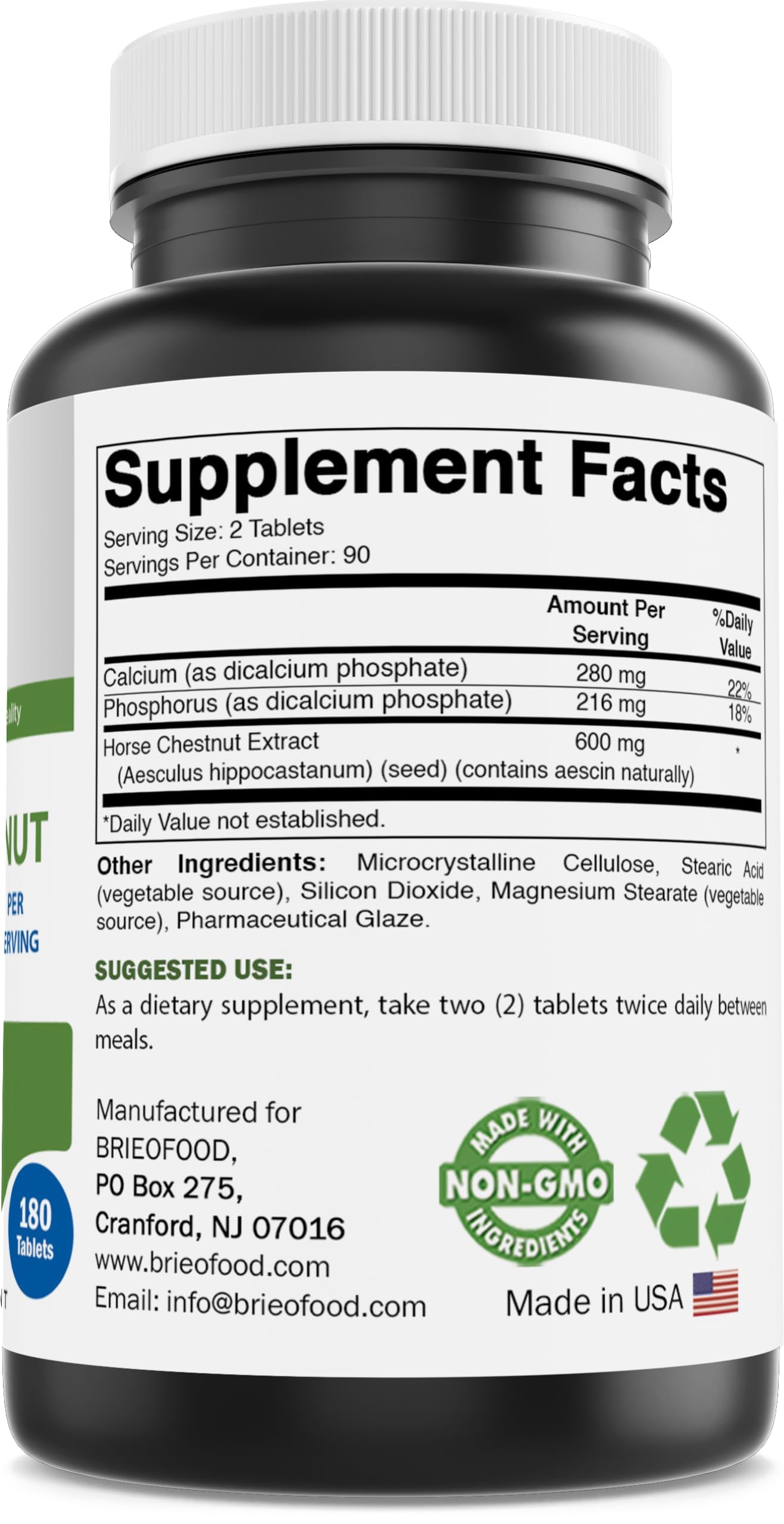 Brieofood Horse Chestnut Extract 600 mg per Serving 180 Tablets