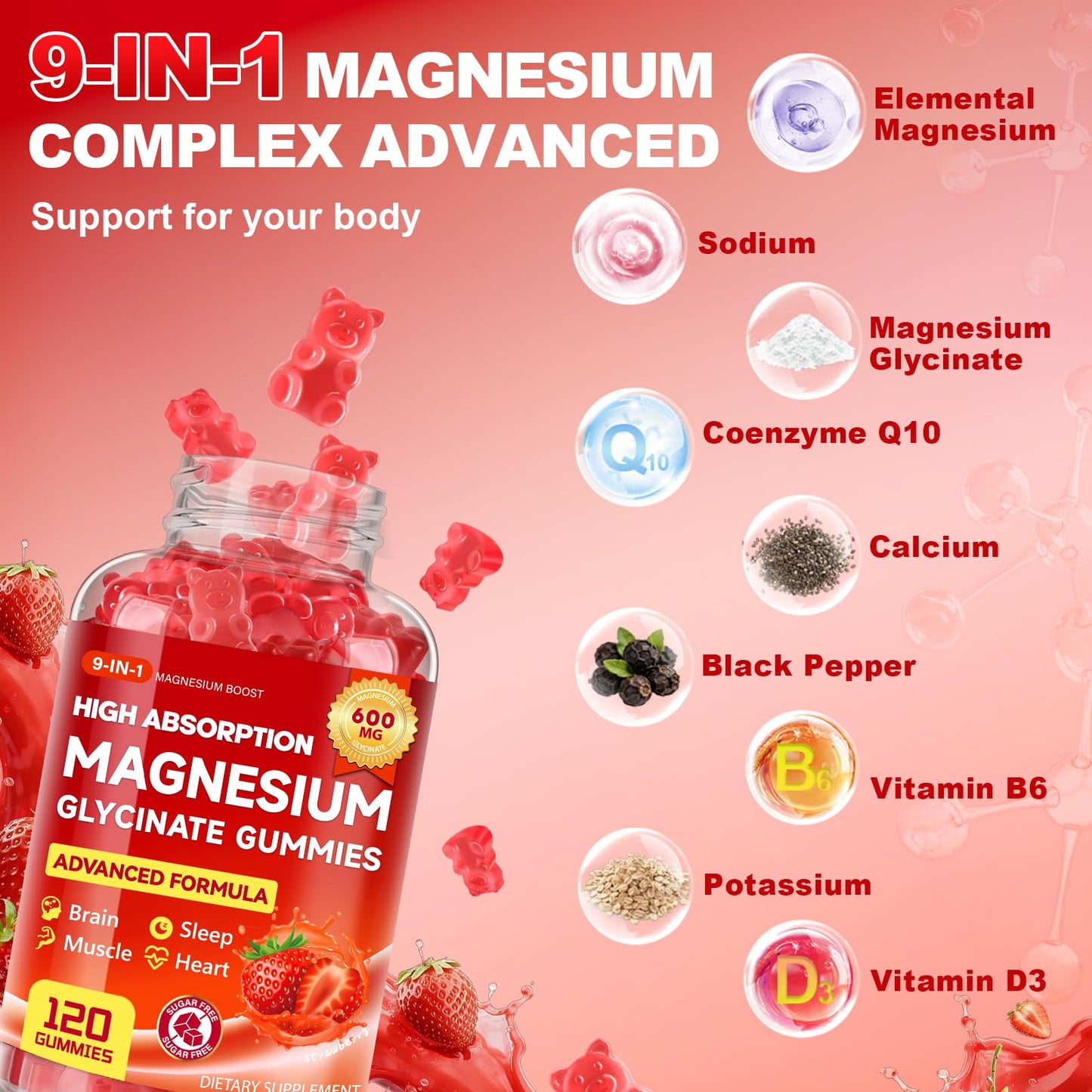 Biokynt Magnesium Glycinate Gummies 600 mg Sugar Free Magnesium Supplement 120 Count