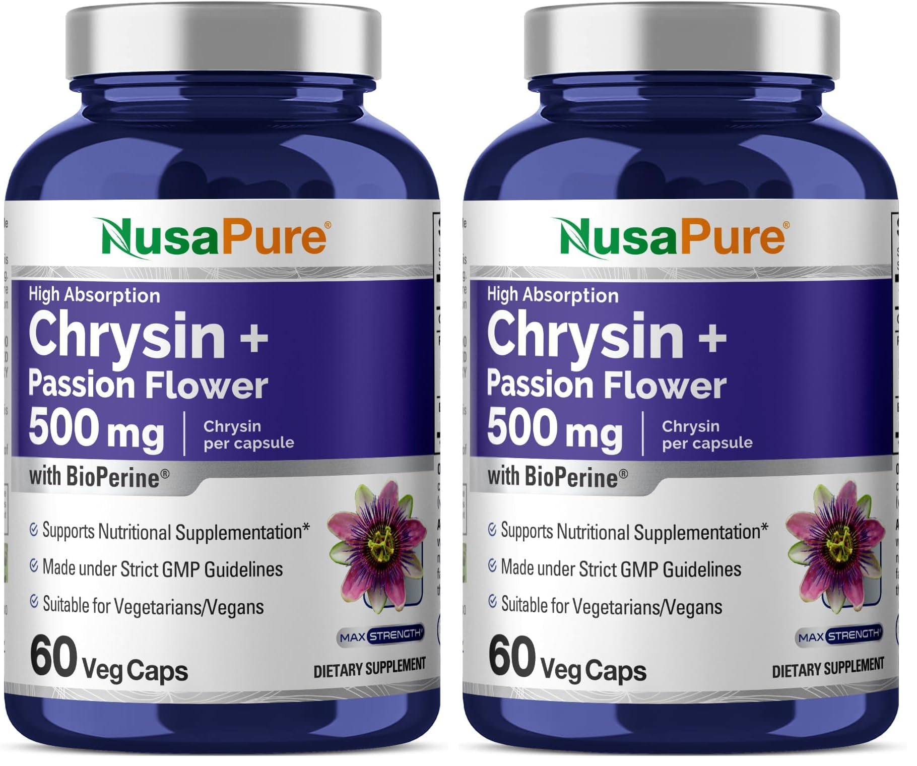 NusaPure Chrysin 500mg Passion Flower Complex Capsules, 120 Veggie Capsules