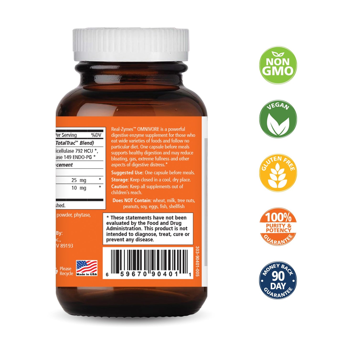 Pure Essence Labs Real-Zymes OMNIVORE Digestive Enzymes Supplement with Probiotics for Better Digestion - Natural Support for Relief of Bloating, Gas, Belching, Diarrhea, Constipation, IBS, etc. - 30 Capsules