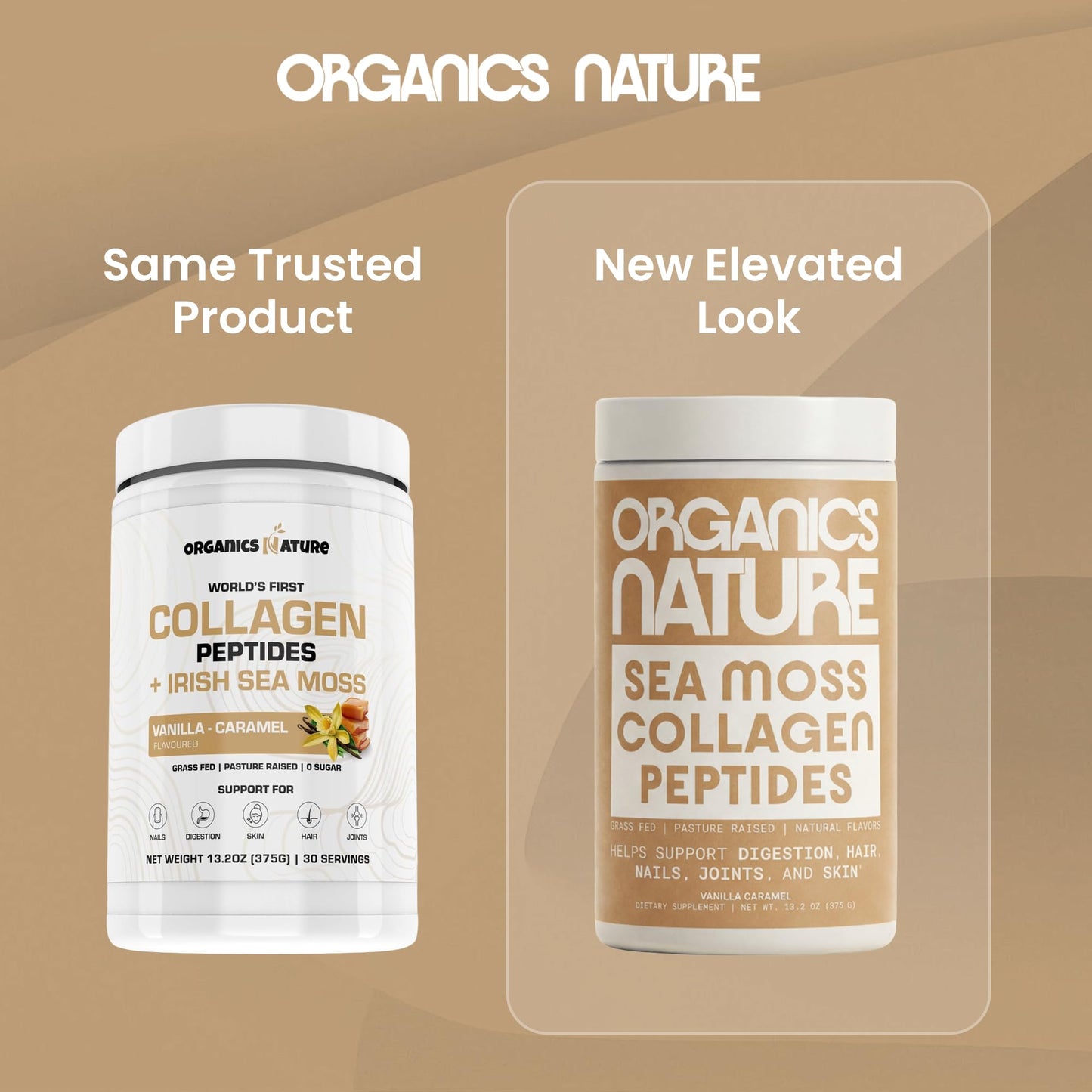 ORGANICS NATURE Collagen Peptides Powder with Irish Sea Moss Vanilla Caramel Flavored, Naturally Sourced Hydrolyzed Collagen with Biotin for Hair, Skin, Nail, and Joint Support, 13.9 oz
