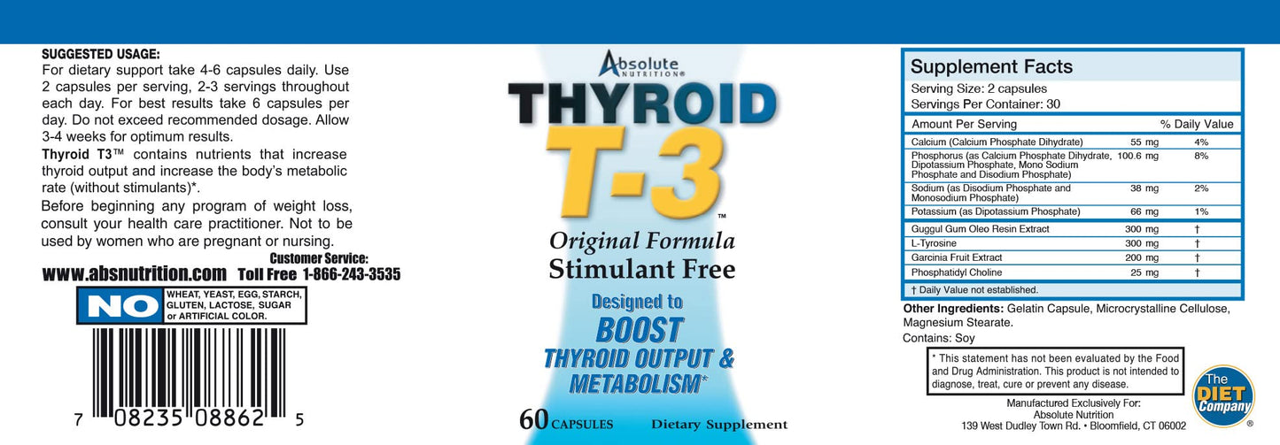 Absolute Nutrition Thyroid T3 Capsules, 120 Capsules