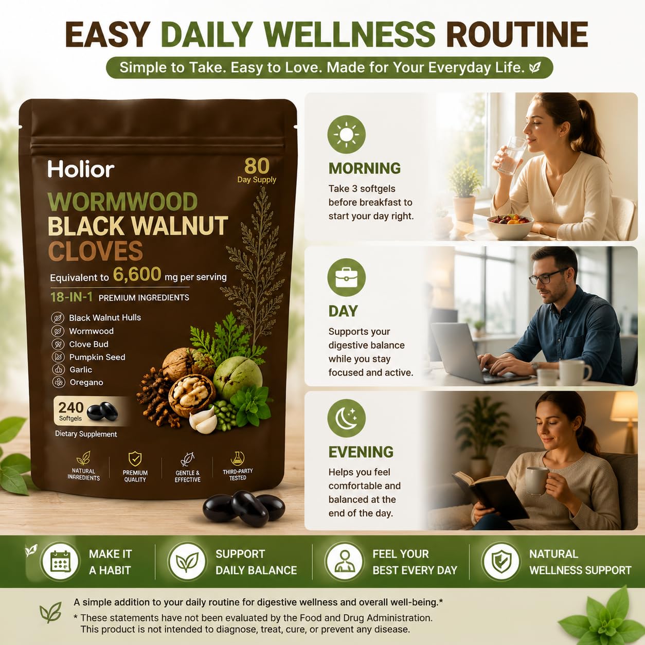 Luxero Holior Wormwood Black Walnut Cloves, 18-in-1 Herbal Blend Formula with Clove, Garlic, Turmeric, Pumpkin Seed & Oregano – Daily Digestive & Gut Balance Support Supplement, 240 Capsules