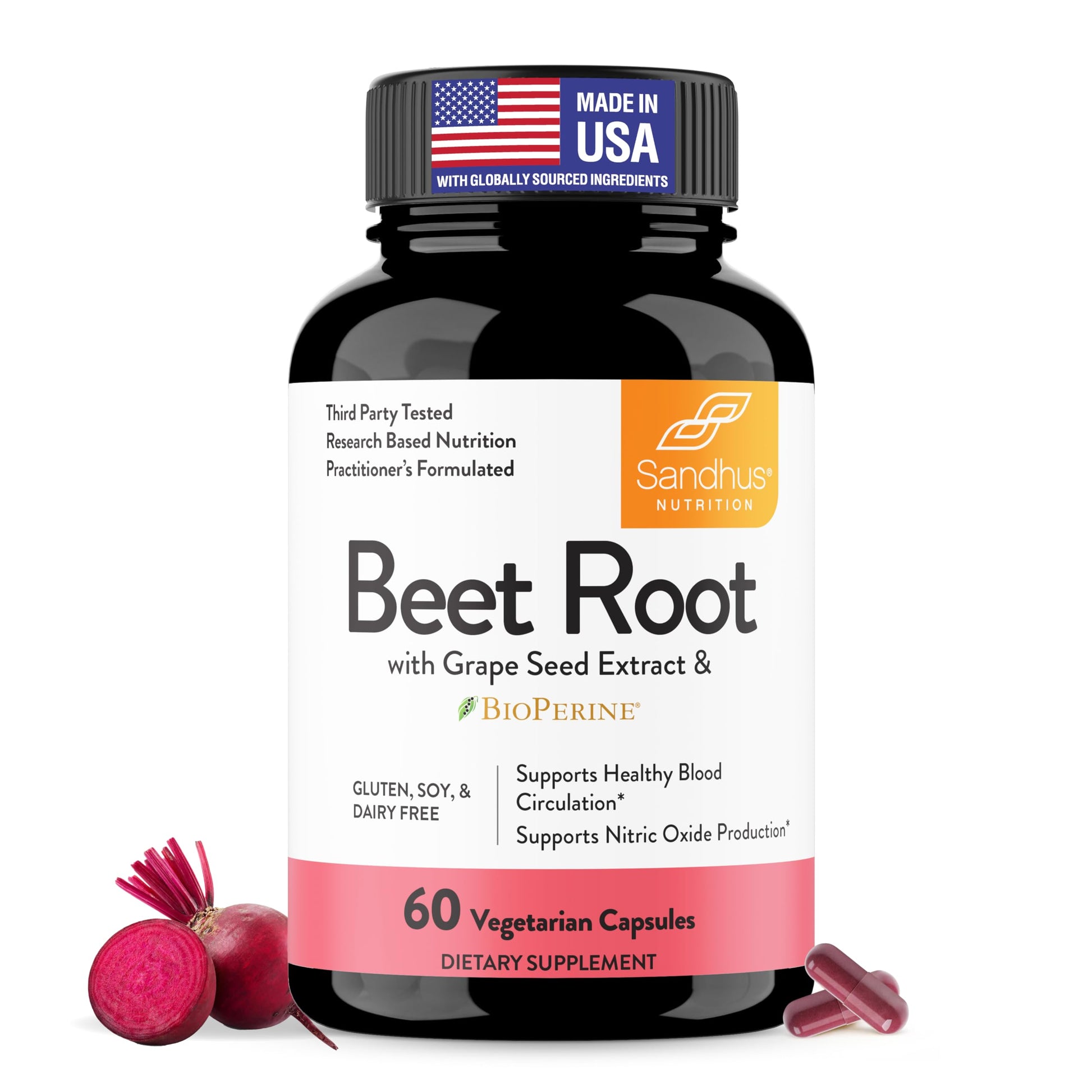 Sandhu's Beet Root Capsules 1200mg with BioPerine & Grape Seed Extract – Nitric Oxide Support Endurance, 60 Capsules