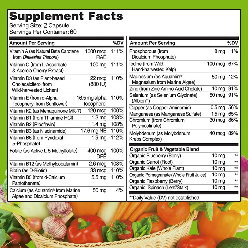 TheraSuva All Natural Multivitamins & Minerals + B Complex + Calcium + Magnesium + Zinc, 100% Vegan Sourced Whole Food Supplement, Complete Nutritional Support for Men & Women, 2 Month Supply Softgels 120