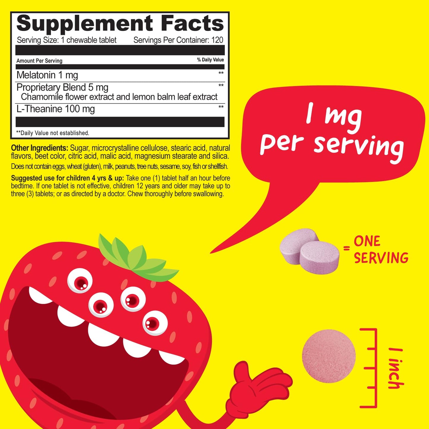 VitaWorks Kids Melatonin 1 mg Chewable Tablets, with Chamomile, L-Theanine and Lemon Balm Extract, Sleep Aid for Children, 120 Tablets