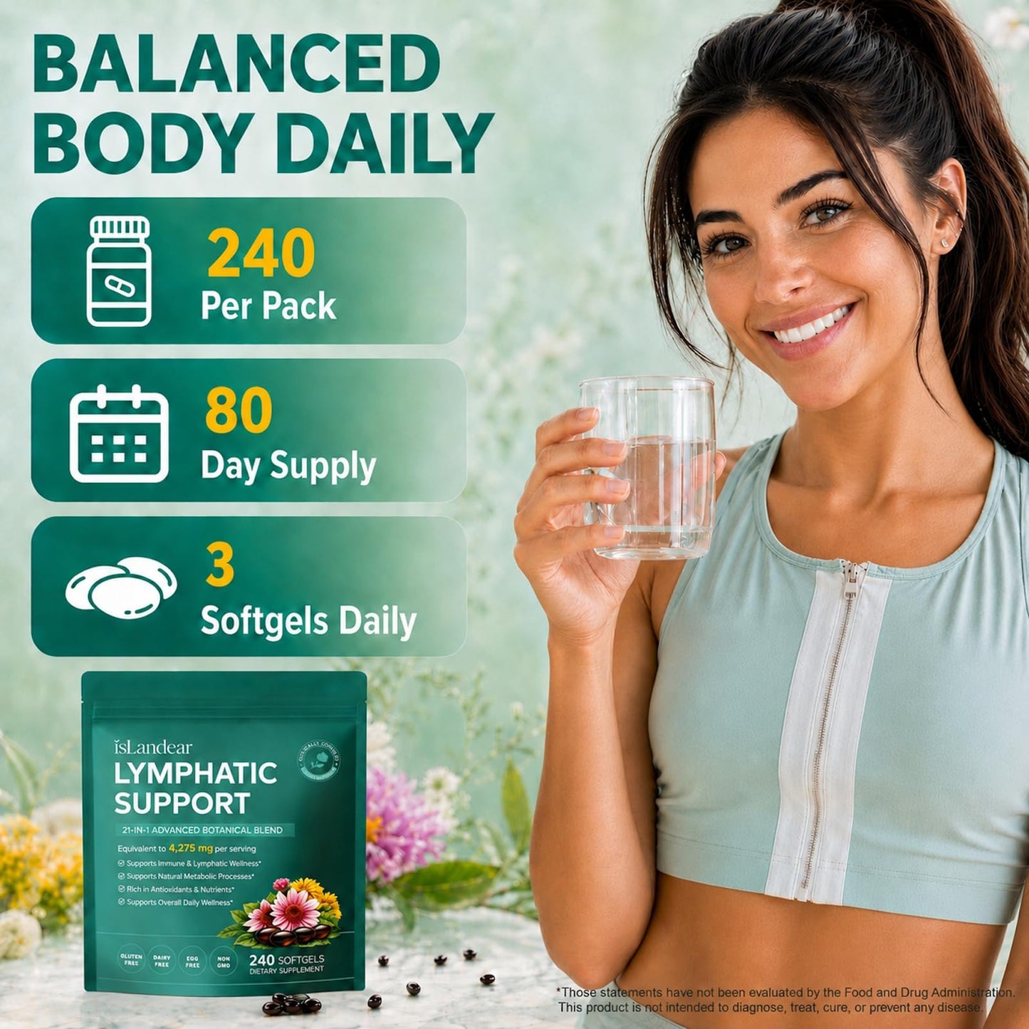 isLandear 21-in-1 Lymphatic Drainage Supplements for Women & Men Softgels, 240