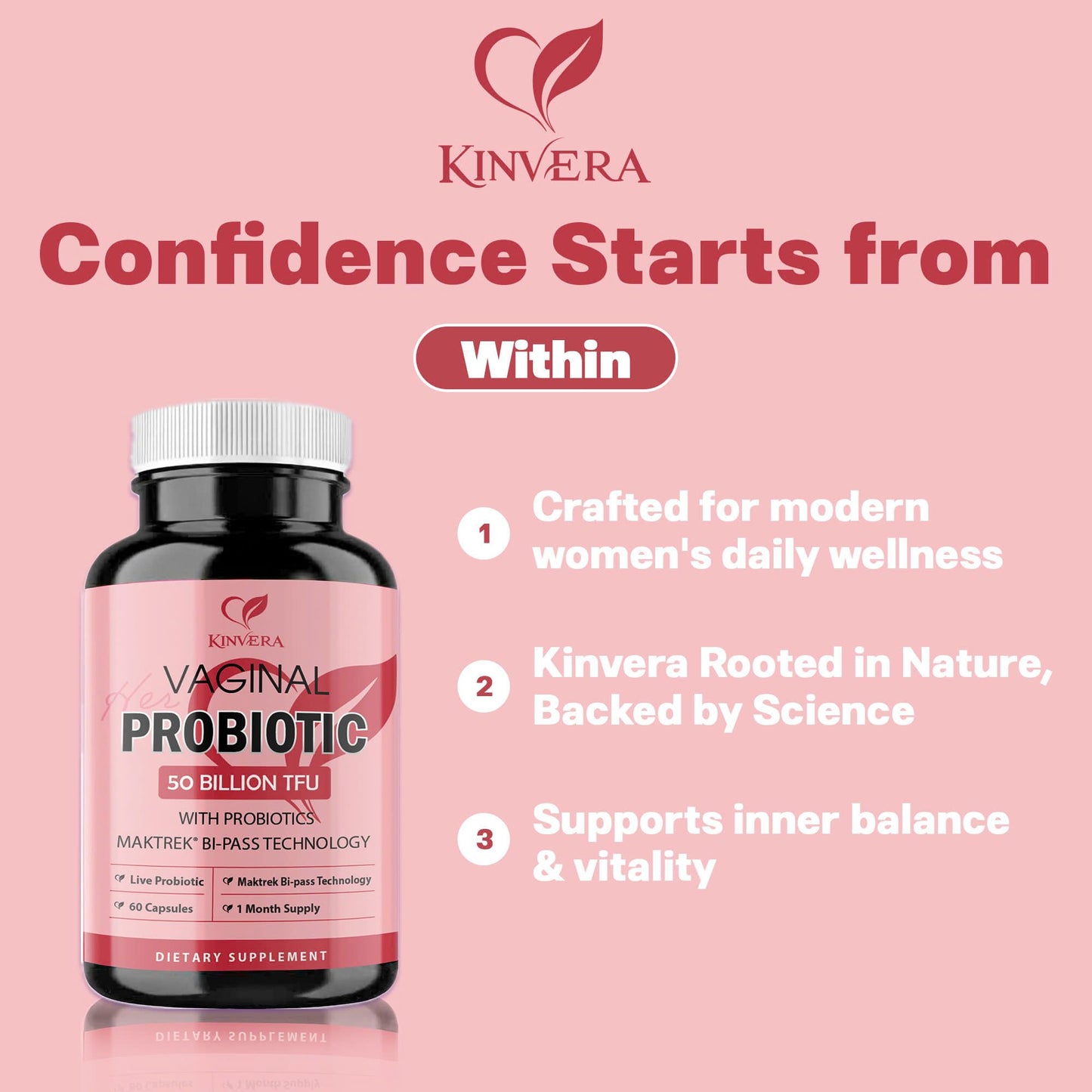 KINVERA Probiotics for Women with Prebiotics – 50 Billion CFU – Digestive, Immune & Vaginal Health – 60 Capsules