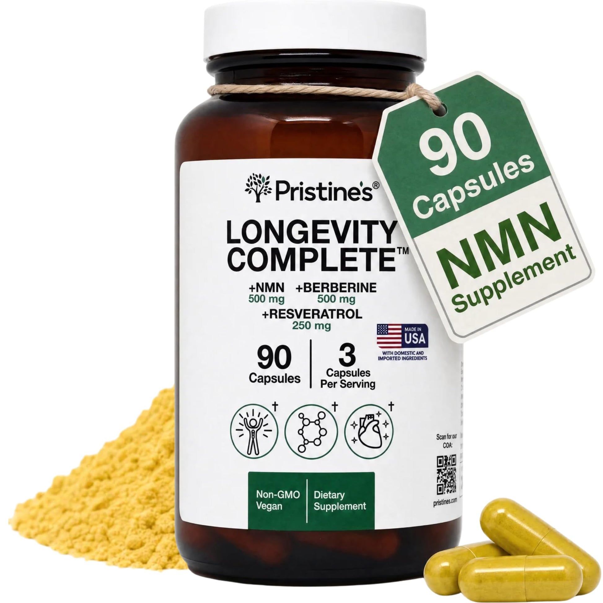 PRISTINE'S Longevity Complete Anti Aging NMN Complex - Advanced Cellular Support - NMN 500mg, Berberine 500mg, Resveratrol 250mg, Healthy Aging, Autophagy & NAD+ Support Capsules, 90 Count