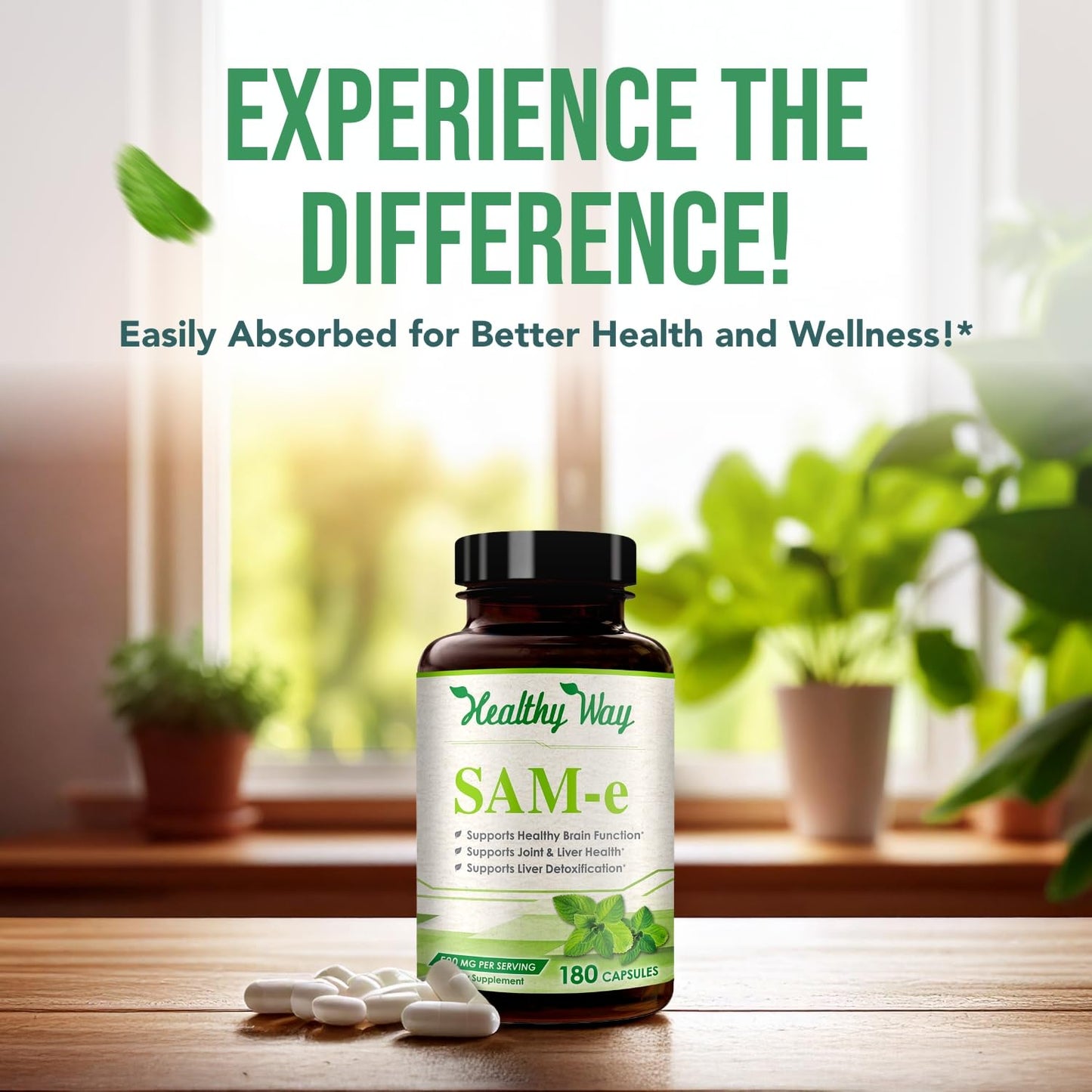 HealthyWayRx 500mg SAM-e Supplement - S-Adenosyl-L-Methionine for Brain Liver and Mood Support, Non-GMO High Absorption, 180 Capsules