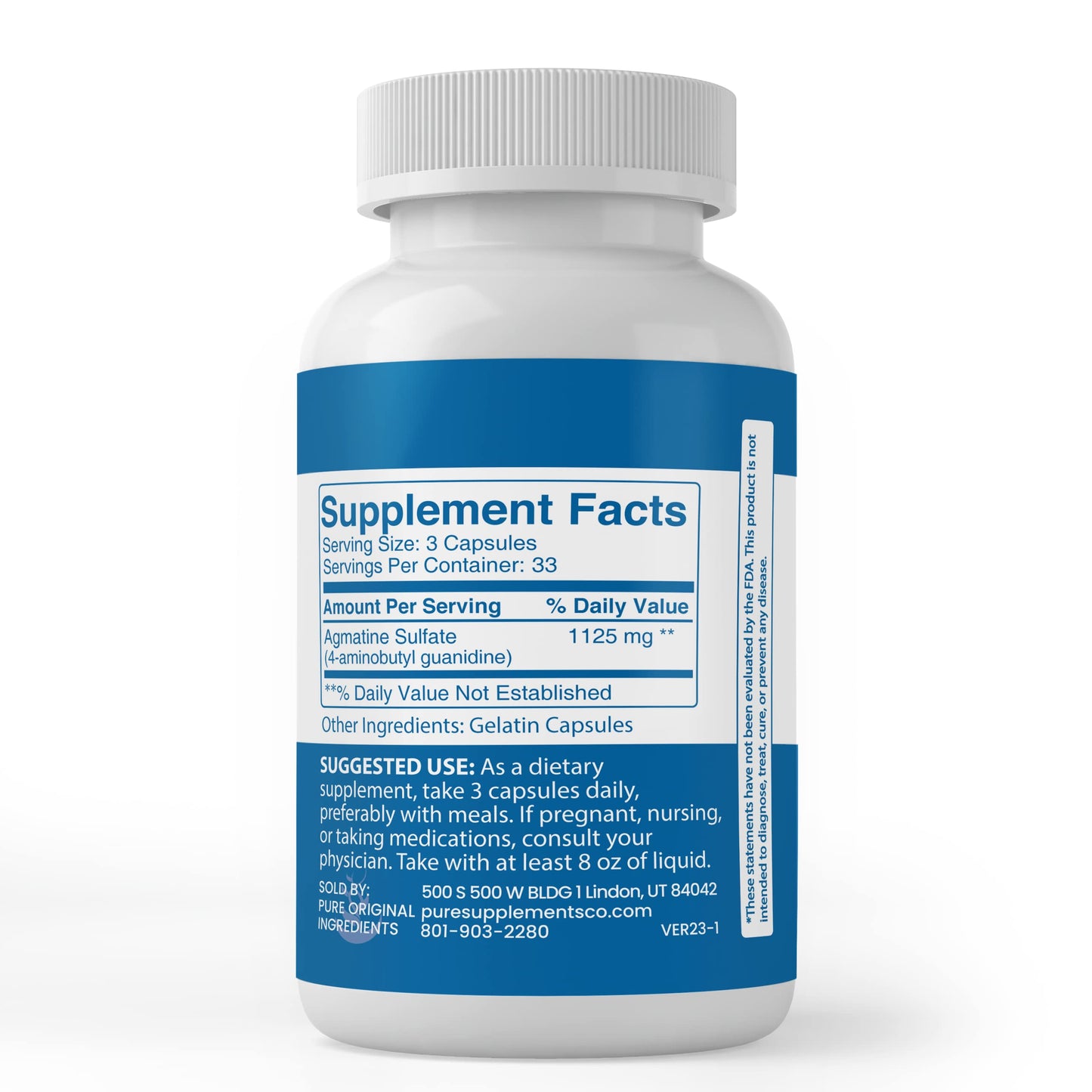 PURE ORIGINAL INGREDIENTS Agmatine Sulfate Capsule, 100 Capsules