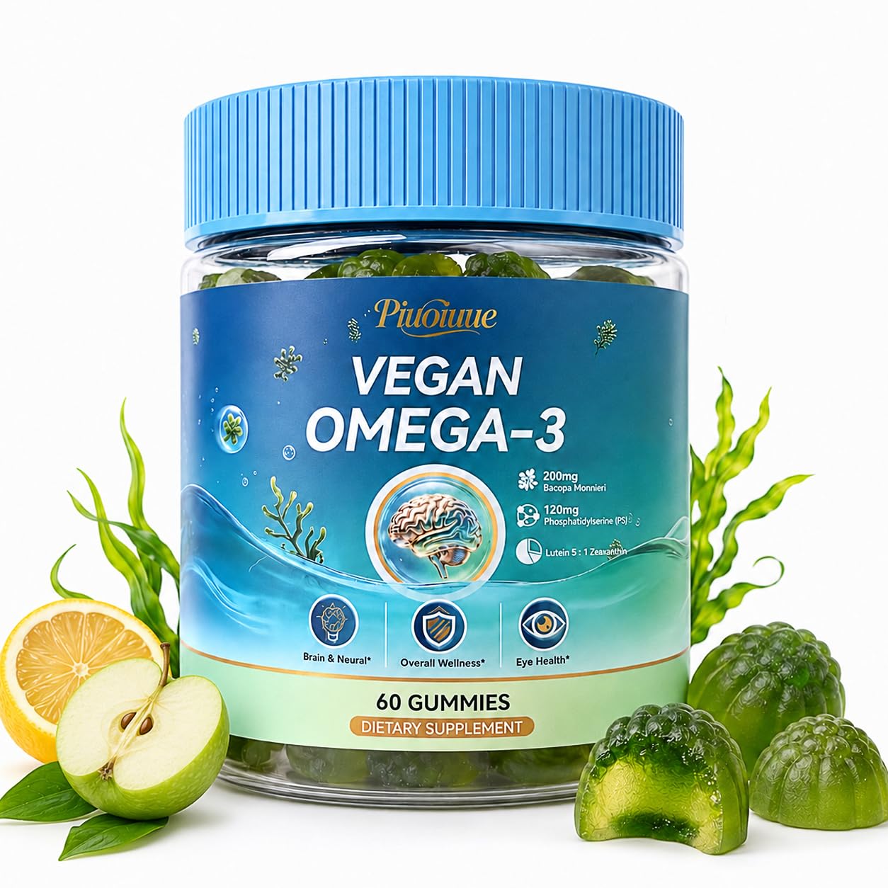 Piuoiuue Vegan Omega-3 Gummies with Algae DHA & EPA, Gummy, 60 Count