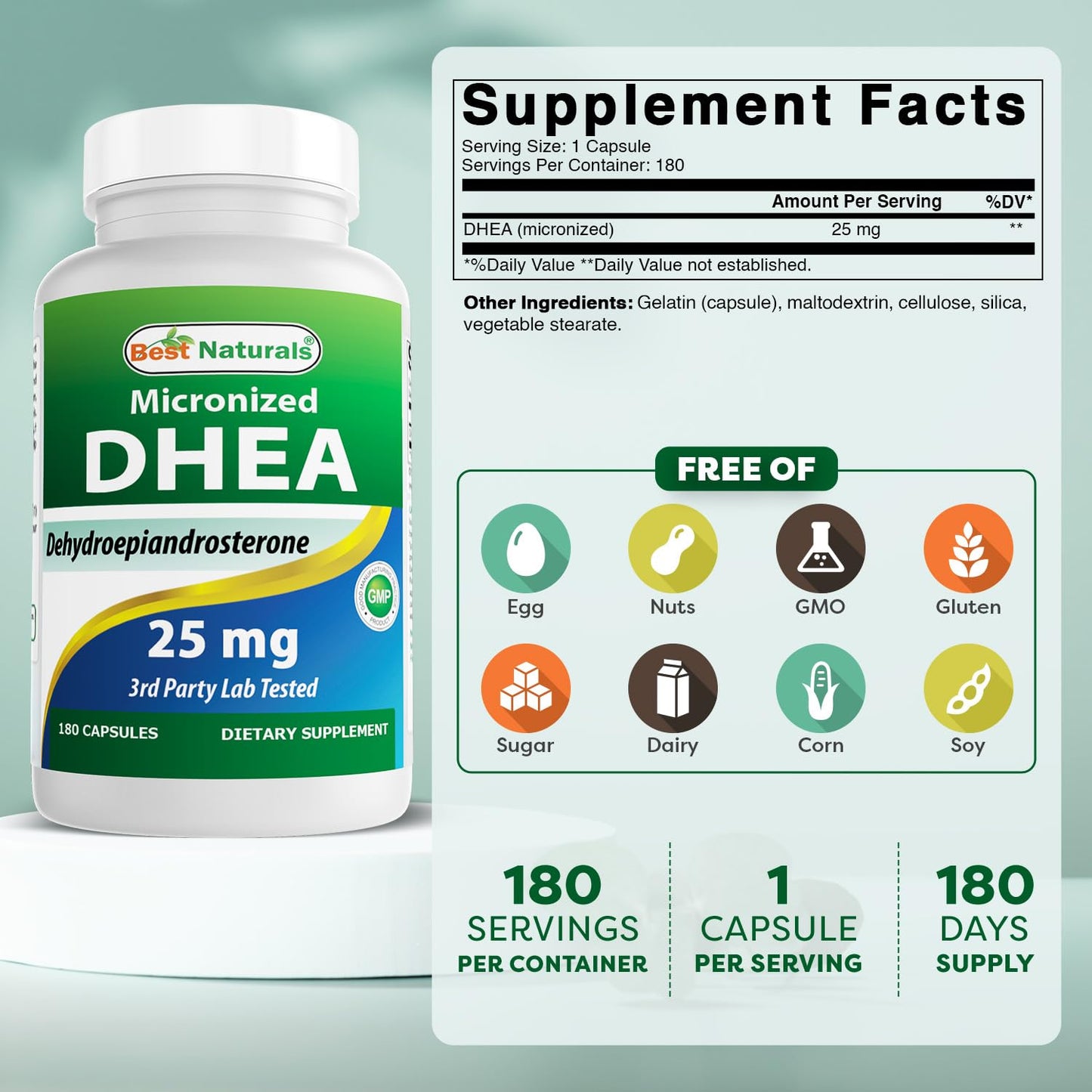 Best Naturals Micronized DHEA 25 mg, 180 Capsules