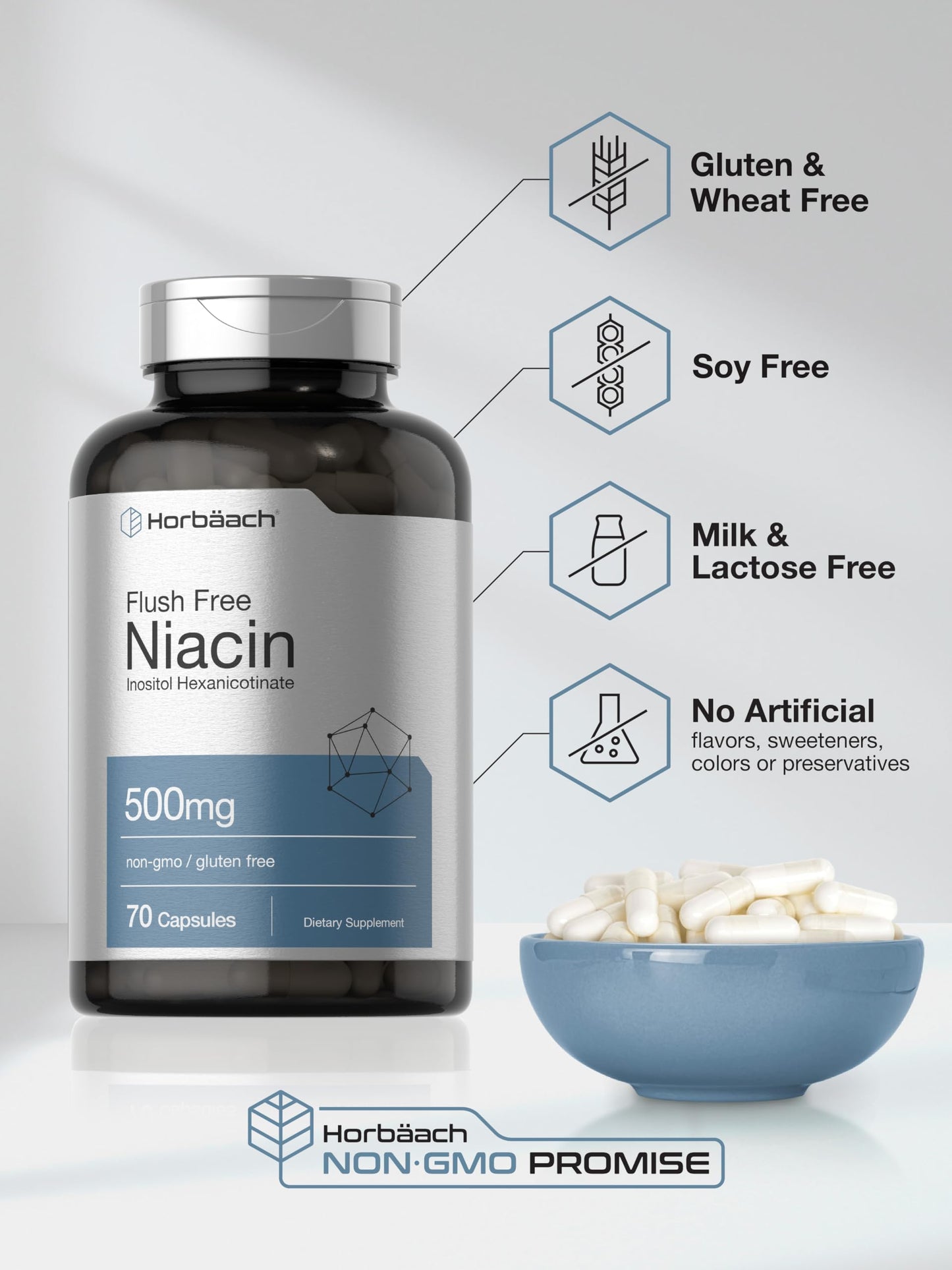Horbäach Niacin 500mg Flush Free Vitamin B3 Inositol Hexanicotinate Capsule, 70 Count