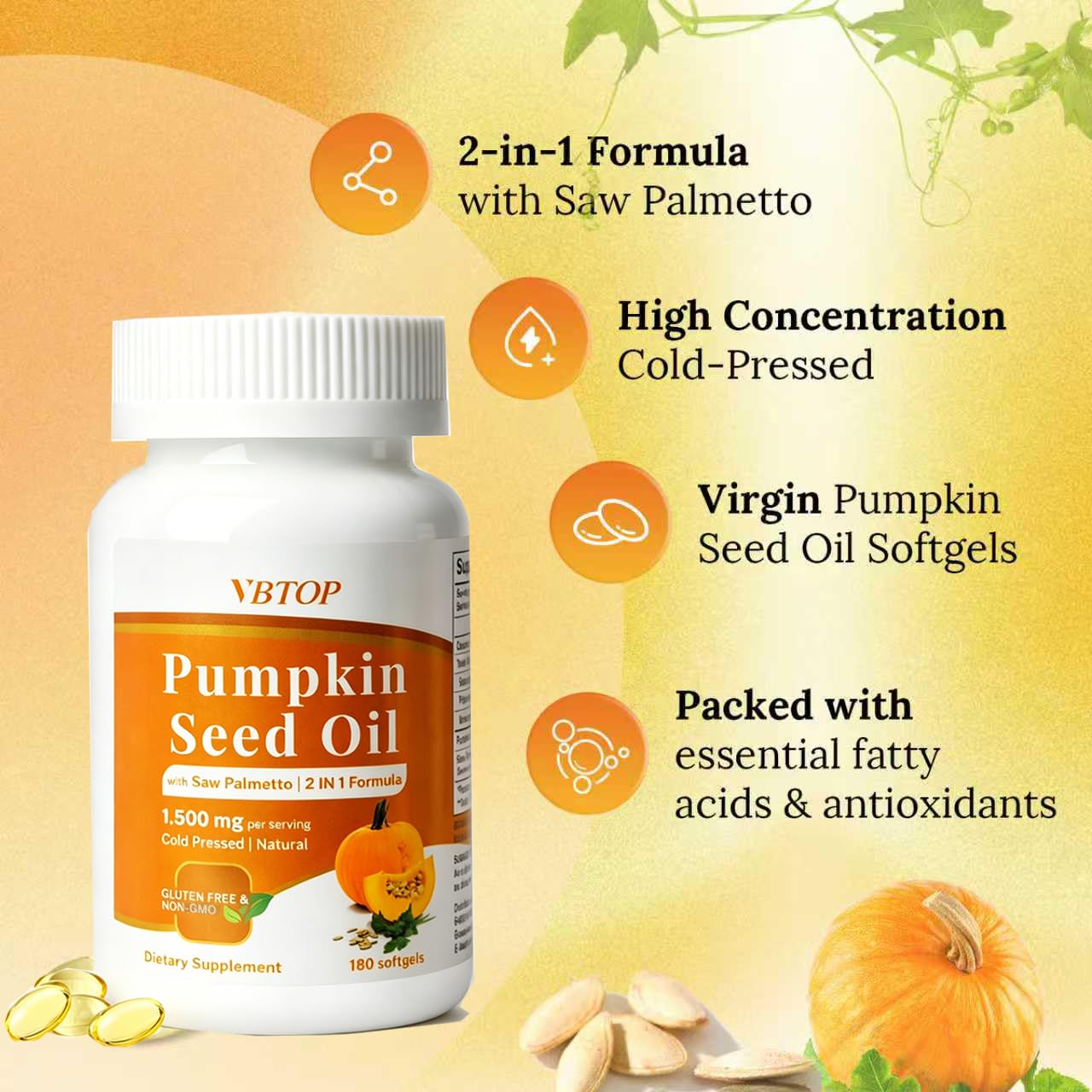 VBTOP Pumpkin Seed Oil & Saw Palmetto Extract Softgels, 180