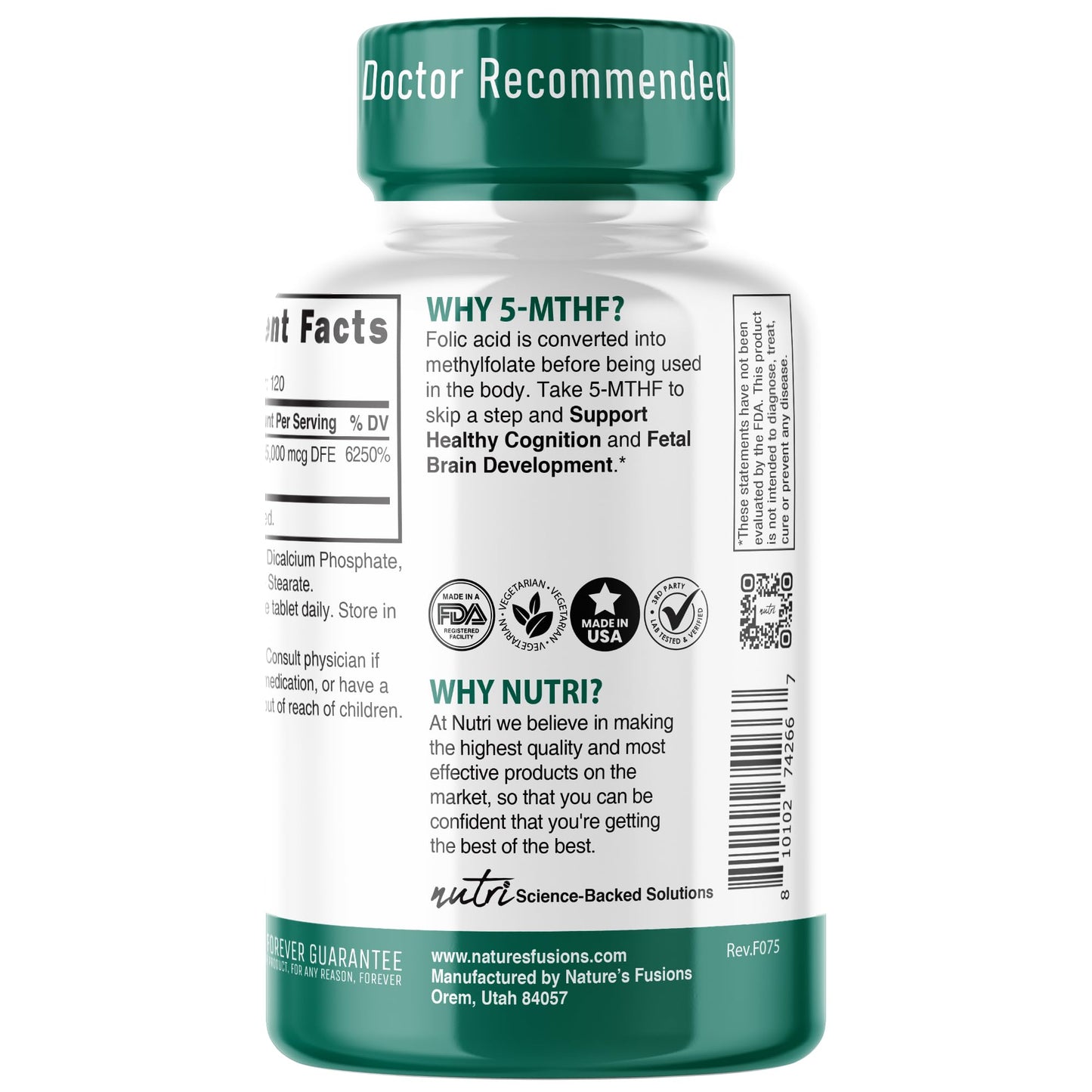 Nature's Fusions Nutri 5-MTHF L-Methylfolate 15MG Tablet, 120 Count