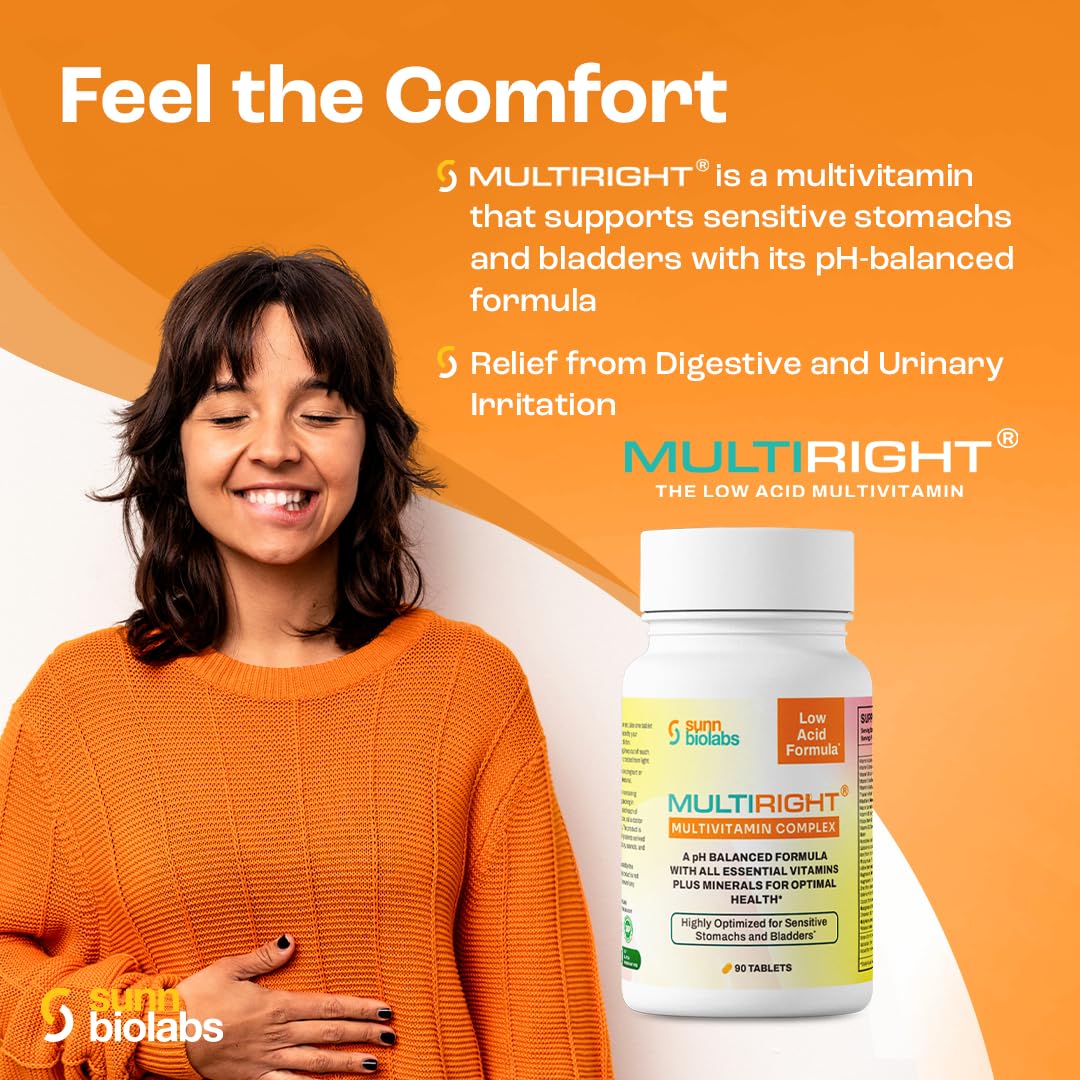 SUNN BIOLABS Multiright Low-Acid Multivitamin, Bladder-Friendly, Buffered Vitamin C, 90 Capsules