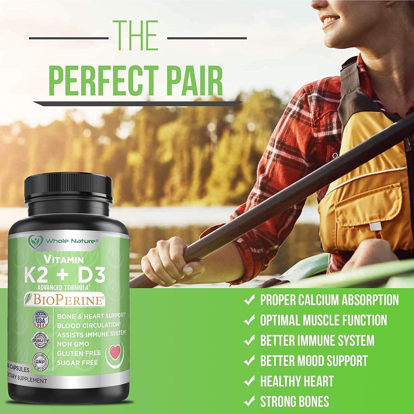 Whole Nature K2+D3 with Bioperine Plus Calcium Omega 3 Fish Oil Capsules, 120 Count