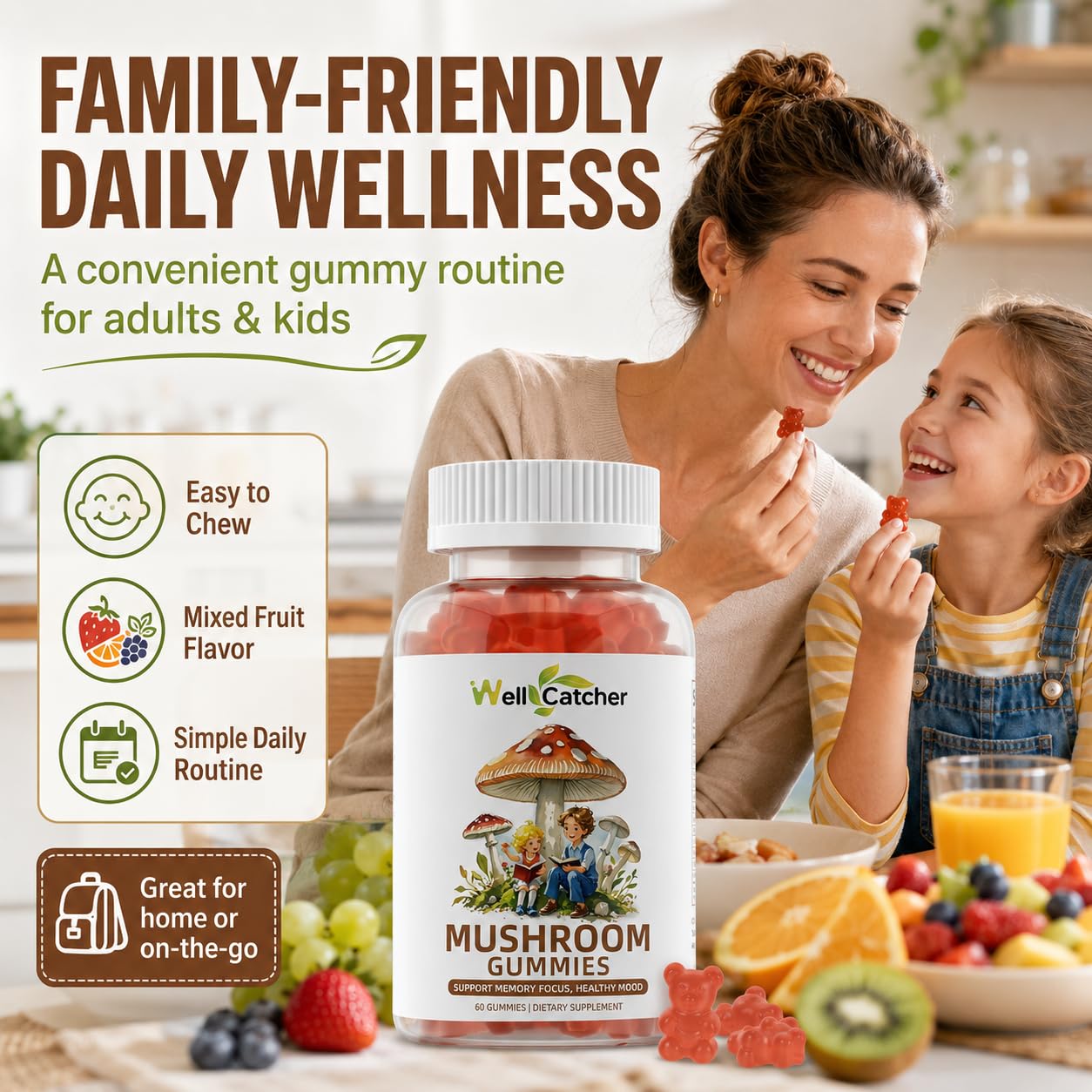 Wellcatcher Mushroom Gummies with Ashwagandha, Lion's Mane, Reishi & Cordyceps - Brain Support, 60 Gummies