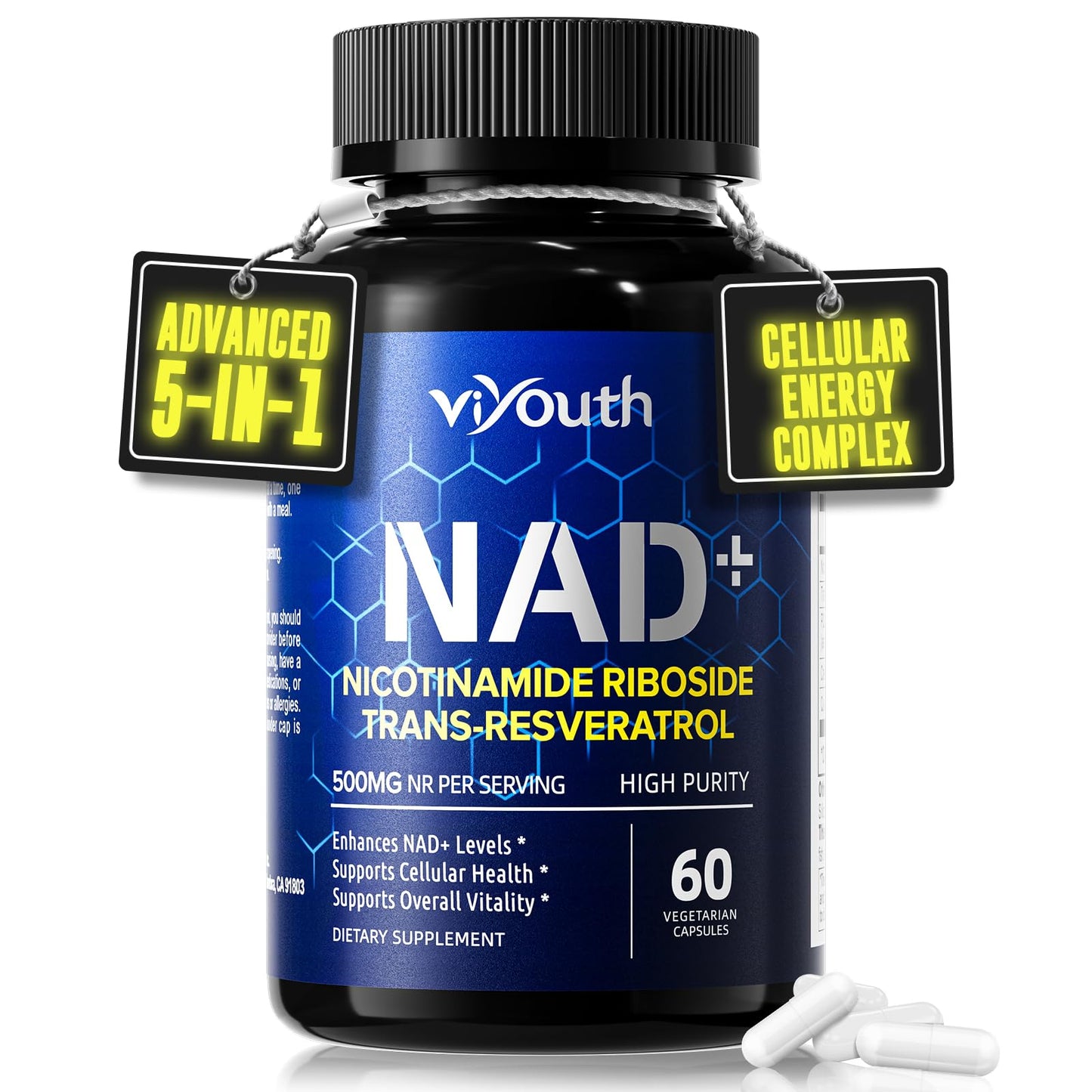 VIYOUTH NAD+ Capsule with Nicotinamide Riboside 500mg & Trans-Resveratrol – NR Supplement for Cellular Energy & Healthy Aging, 1 Count