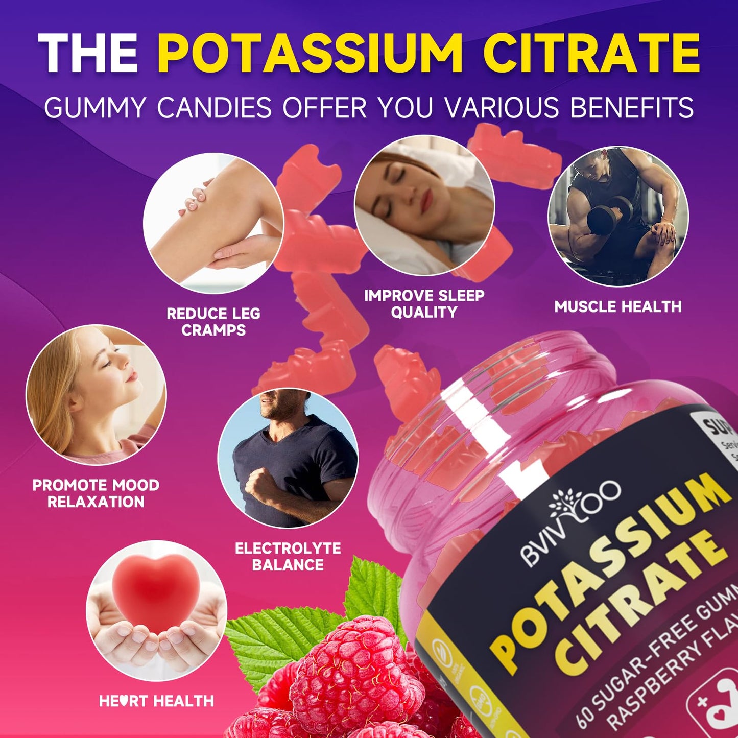 BVIVLOO Potassium Citrate Gummies 1000mg, Sugar-Free, Supports Leg Cramps & Electrolyte Balance, 60 Count