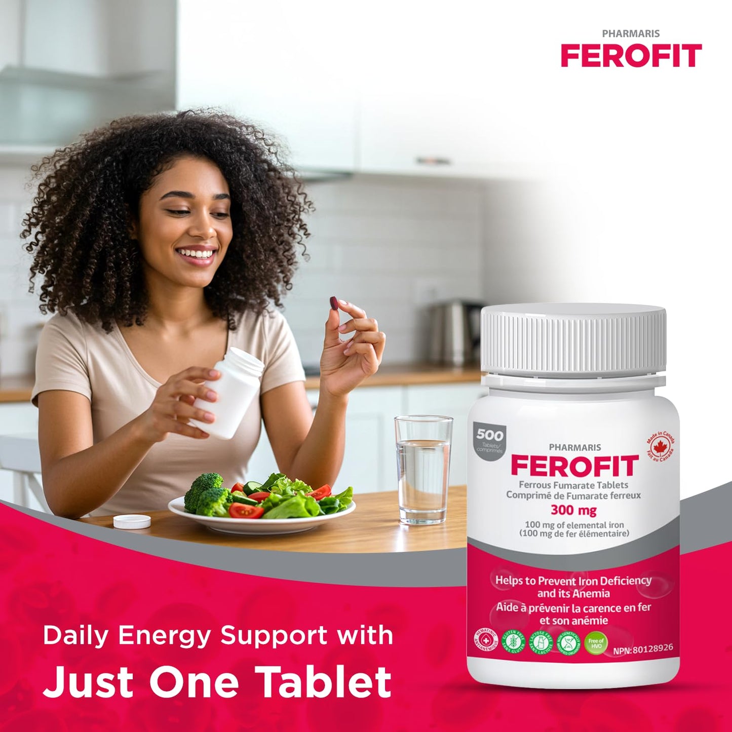 Pharmaris Ferofit - Ferrous Fumarate 300mg (100mg Elemental Iron), Iron Supplement for Women & Men, 500 Tablets