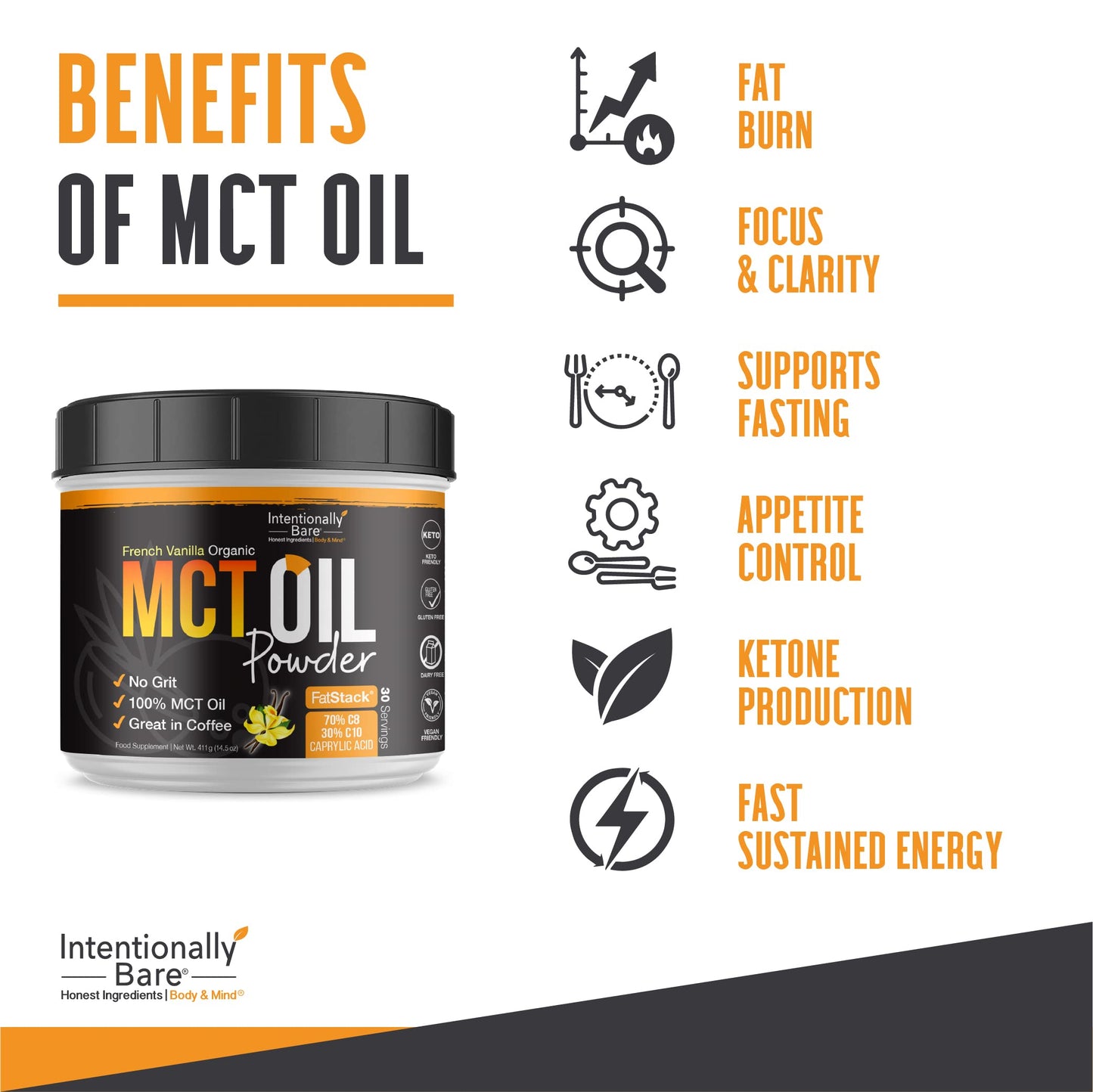Intentionally Bare MCT Oil Powder - French Vanilla – Zero net Carbs, 14.5 Ounces
