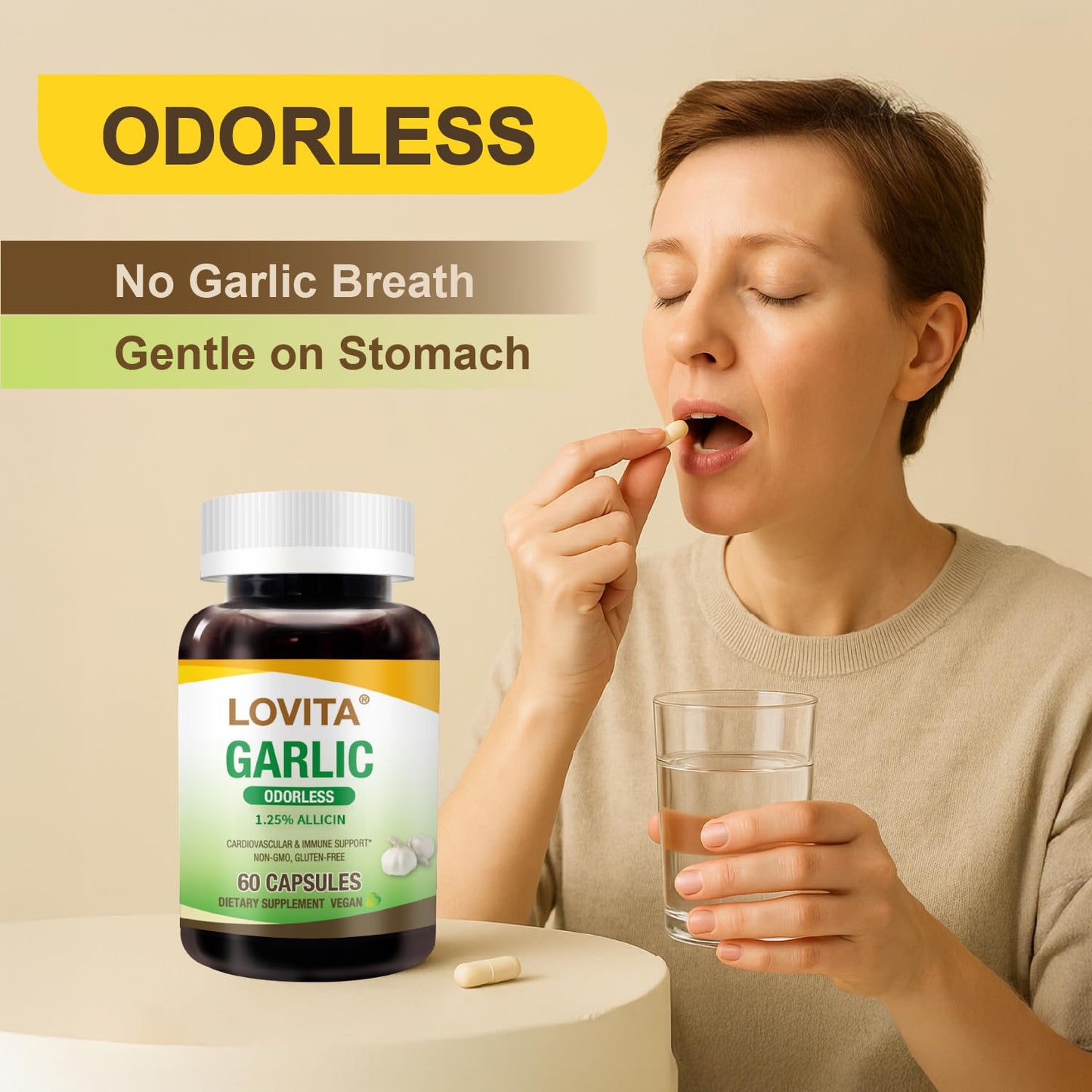 LOVITA Odorless Garlic Extract, High Potency, Standardized to 1.25% Allicin, Supports Heart, Blood Pressure, Cholesterol & Immune System, Non-GMO, Gluten-Free, 180 Vegan Capsules