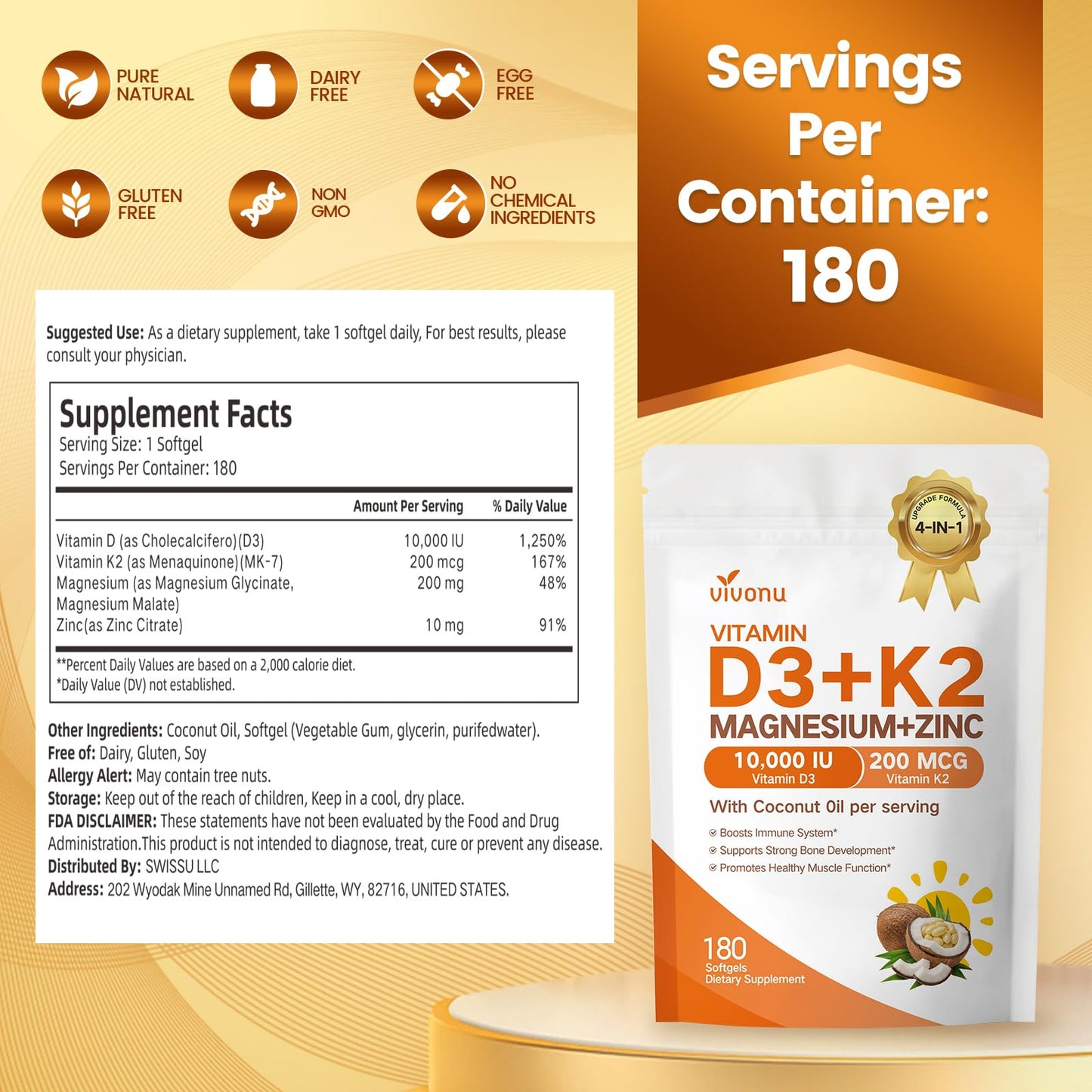 VivoNu Vitamin D3 K2 10,000 IU Magnesium Supplement – 4-in-1 with Vitamin D and K (MK-7), Magnesium Glycinate & Zinc Citrate 180 Capsules
