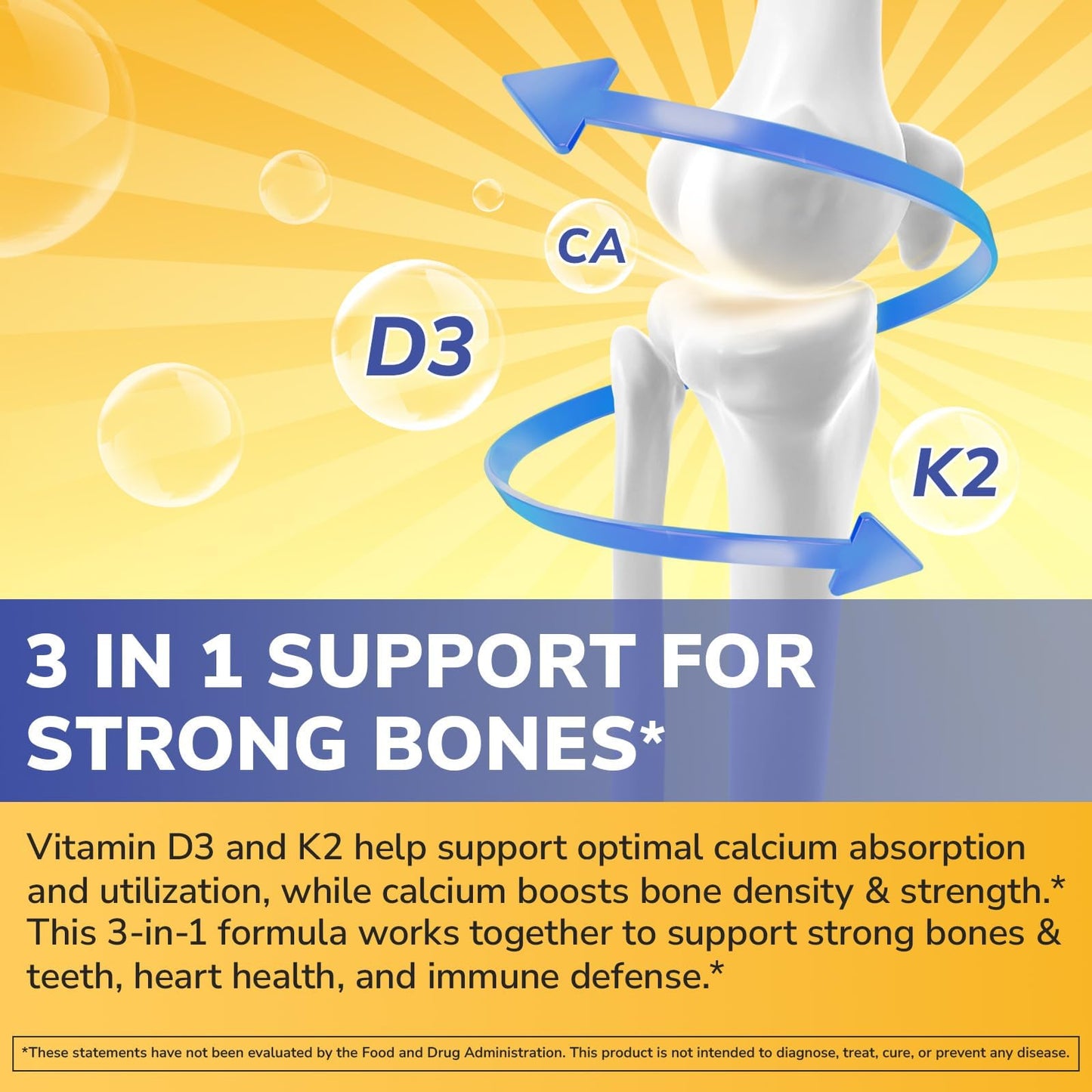 Vitalibre D3 K2 Calcium Supplement for Women & Men, Vitamin D3 5000 IU, Calcium 1200 mg, MK-7, High Absorption, for Strong Bones, Teeth, Heart, Immune Health, 60 Tablets