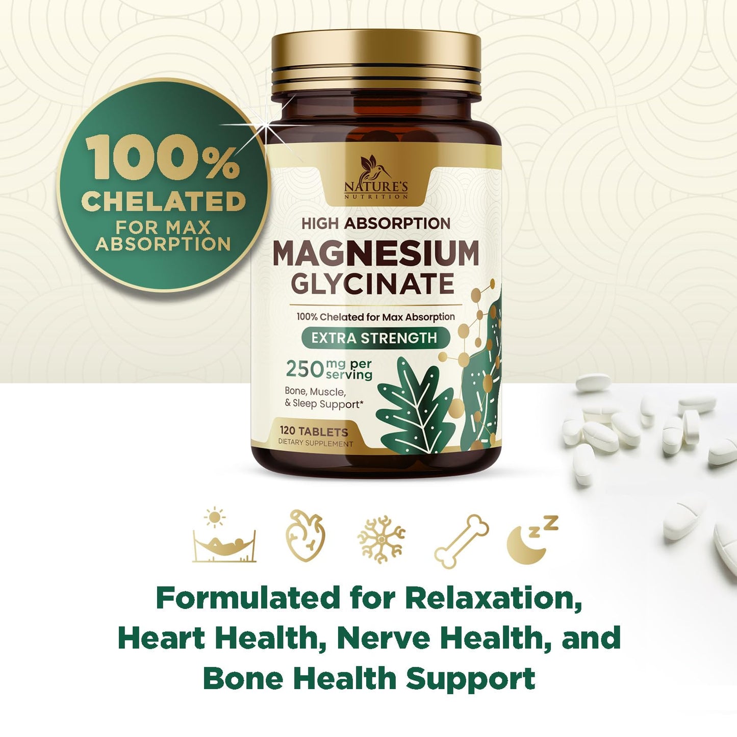 Nature's Nutrition Magnesium Glycinate 250mg Tablets, 120 Count