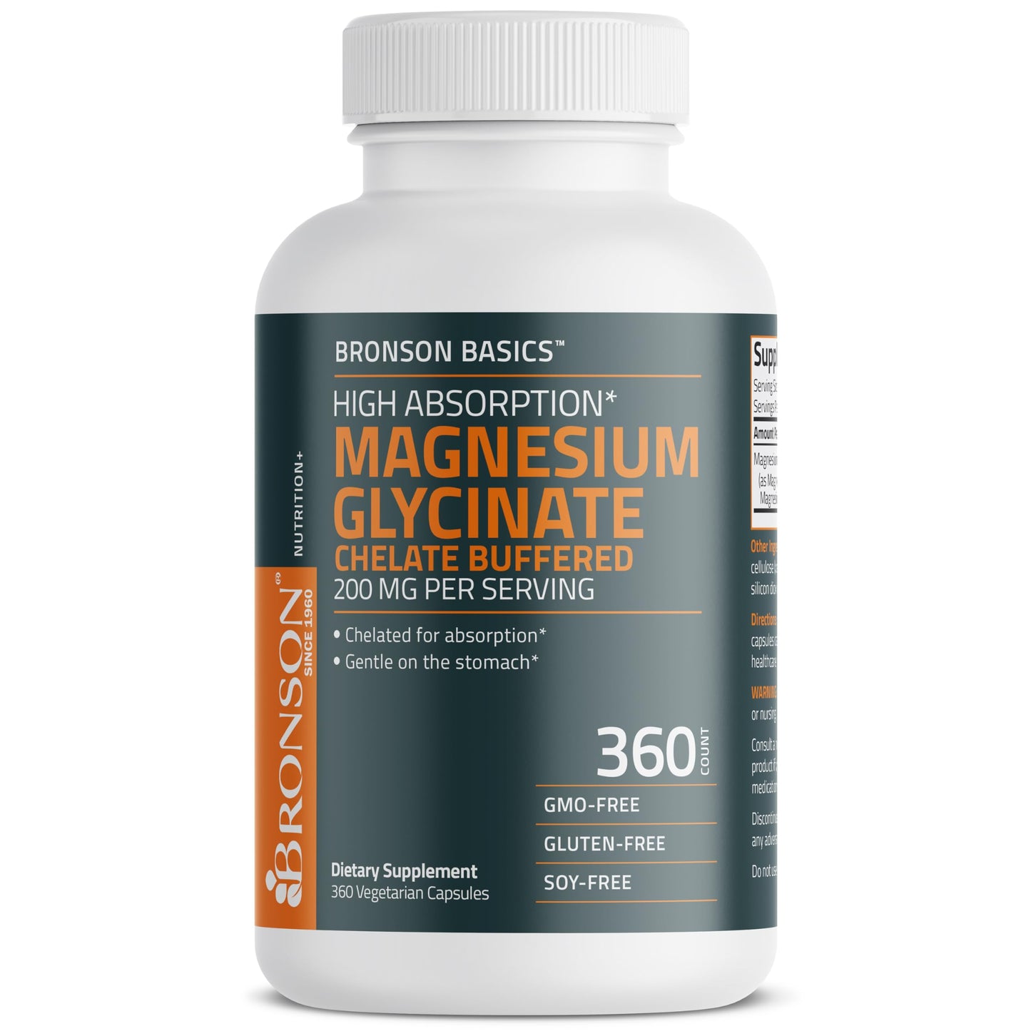 Bronson Magnesium Glycinate 200mg High Absorption Chelated Buffered Gentle On The Stomach Non-GMO, 360 Capsules
