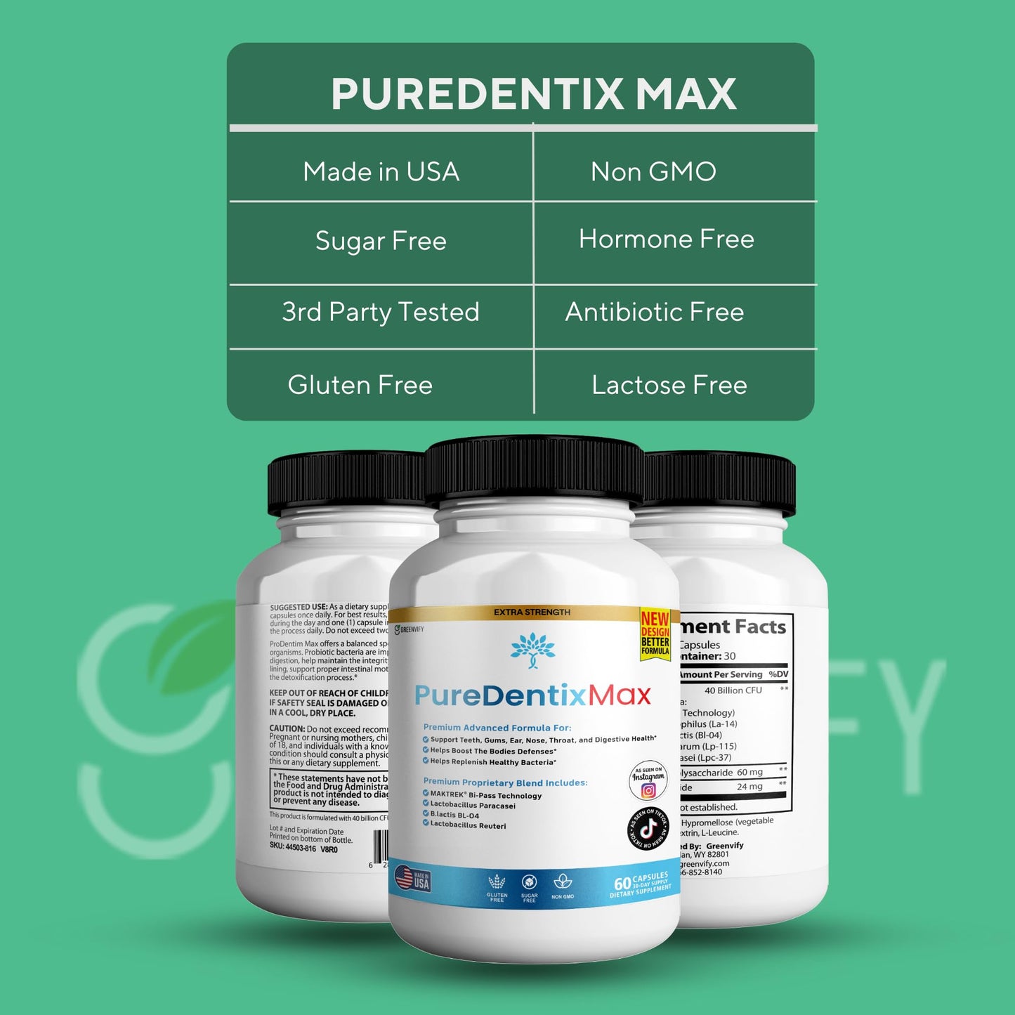 GREENVIFY DentimPure Max Extra Strength Probiotic Supplement with 40 Billion CFU – Supports Teeth, Gums, Ear, Nose, Throat & Digestive Health, 180 Capsules