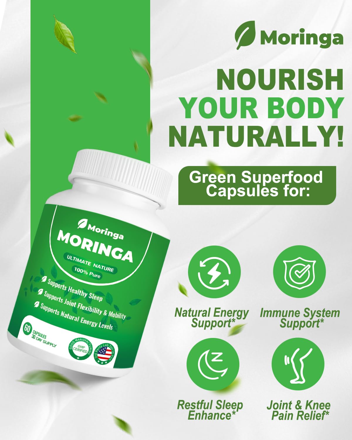 ZyliaVitaX Moringa Capsules 800mg Pure Moringa Powder Supplement, 60 Capsules