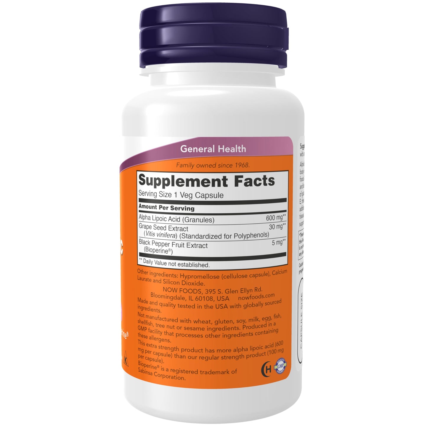 NOW Foods Alpha Lipoic Acid 600 mg with Grape Seed Extract & Bioperine Capsule, 60 Count