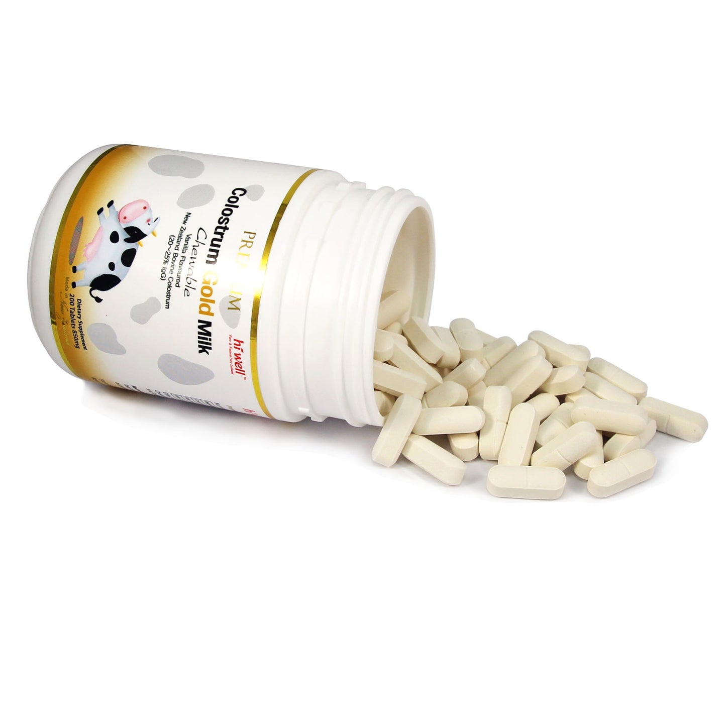 HI WELL PURE & NATURAL NEW ZEALAND Bovine Colostrum Gold Milk Tablets, 200 Tablets