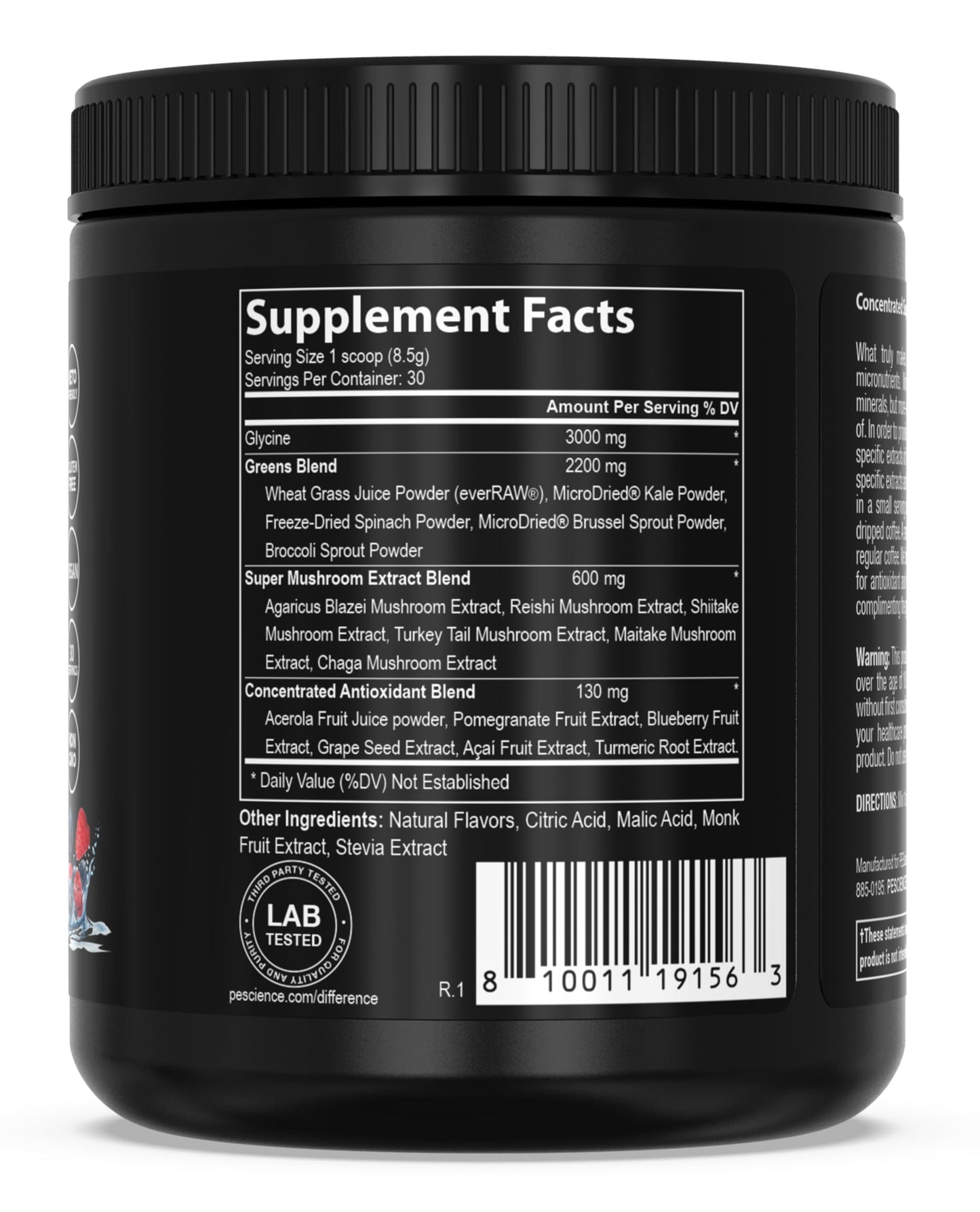 PEScience Greens Powder Superfood with Natural Chlorophyll, Reishi & Turkey Tail Mushroom Powders, Freeze-Dried Kale, Spinach, Broccoli Sprouts - Berry Flavor, 9 Ounce