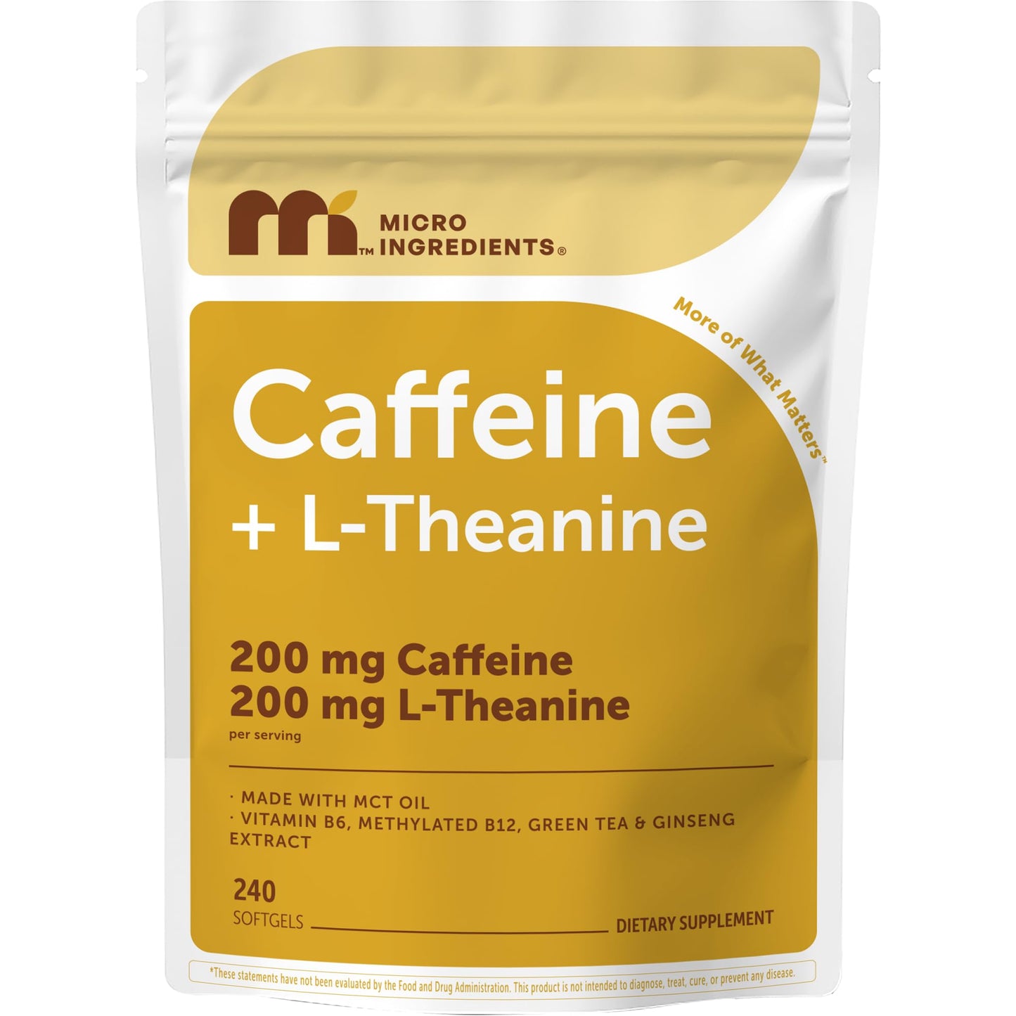 Micro Ingredients Caffeine Pills 200 mg with L-Theanine 200 mg per Serving Softgels 240 Count