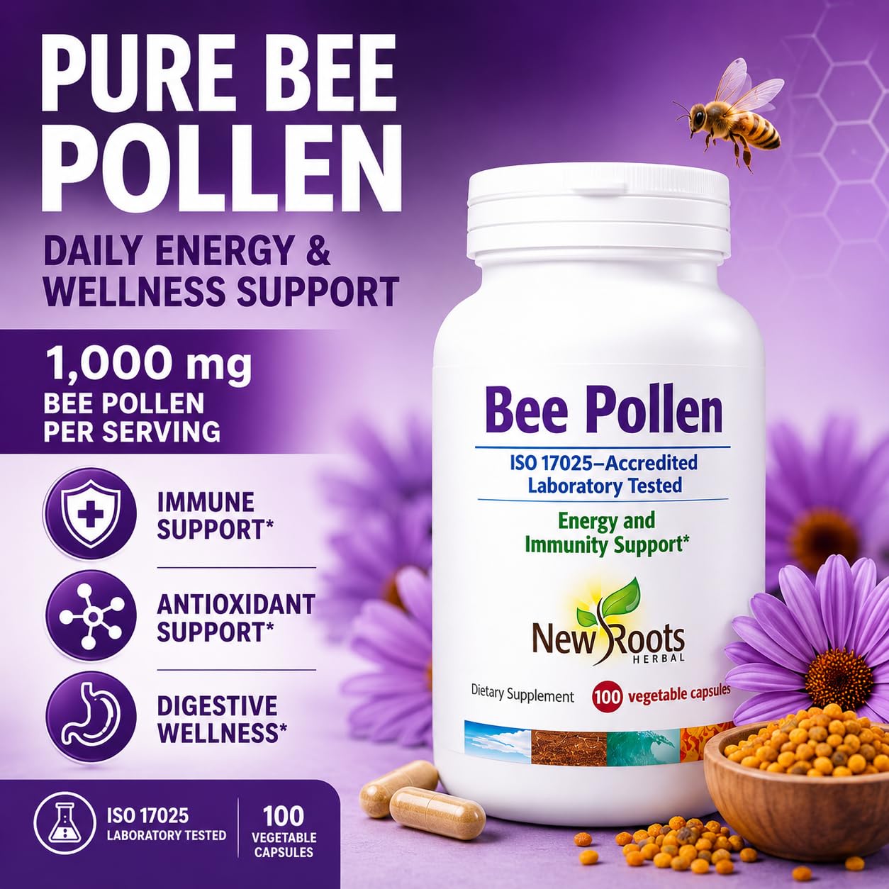 New Roots Herbal Pure Bee Pollen Capsules, 100 Count