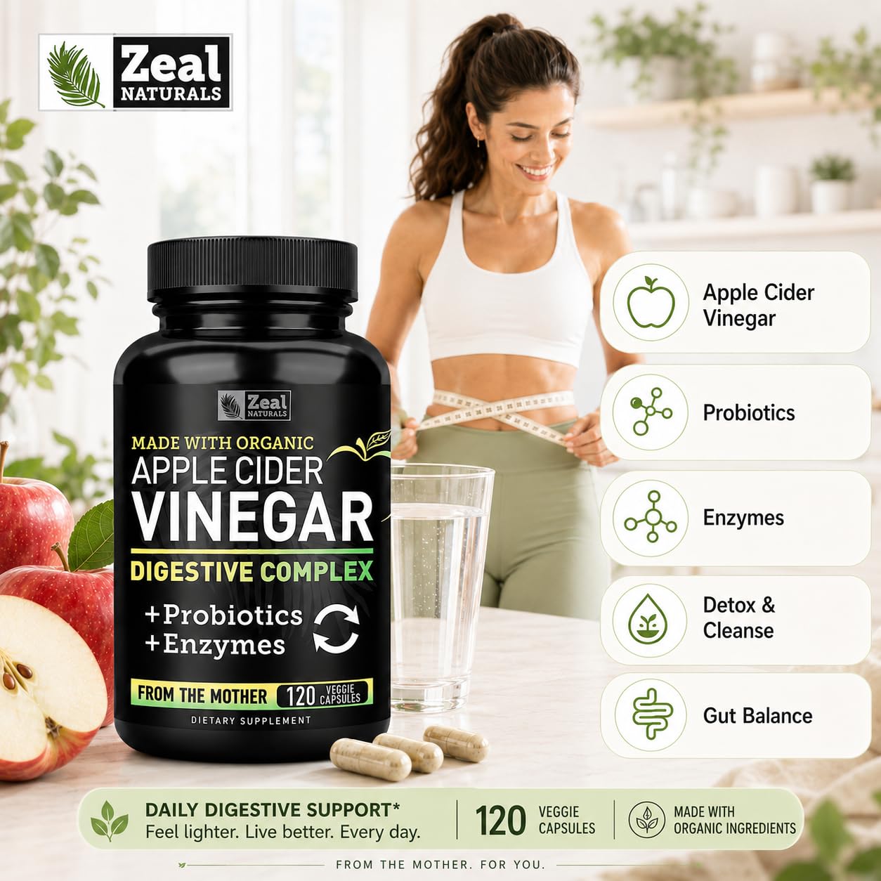 Zeal Naturals Organic Apple Cider Vinegar Capsules + Digestive Enzymes & Probiotics, 120 Capsules