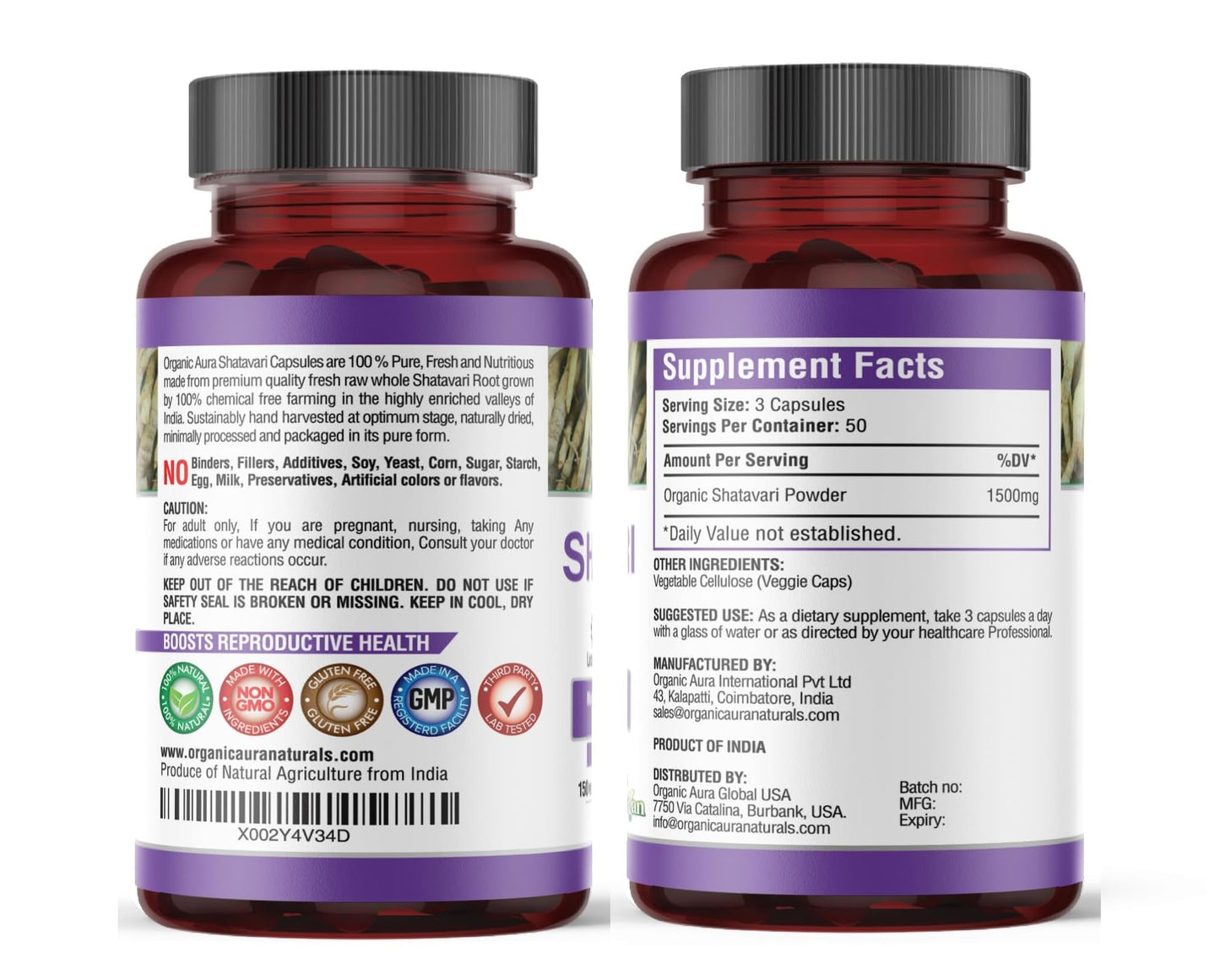 Organic Aura International Shatavari Root Powder Capsules, 150 Count